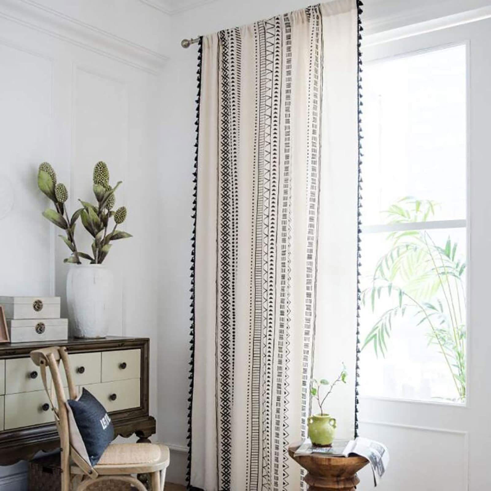 Rideau rustique géométrique pour salon chic et tamisé en coton lin