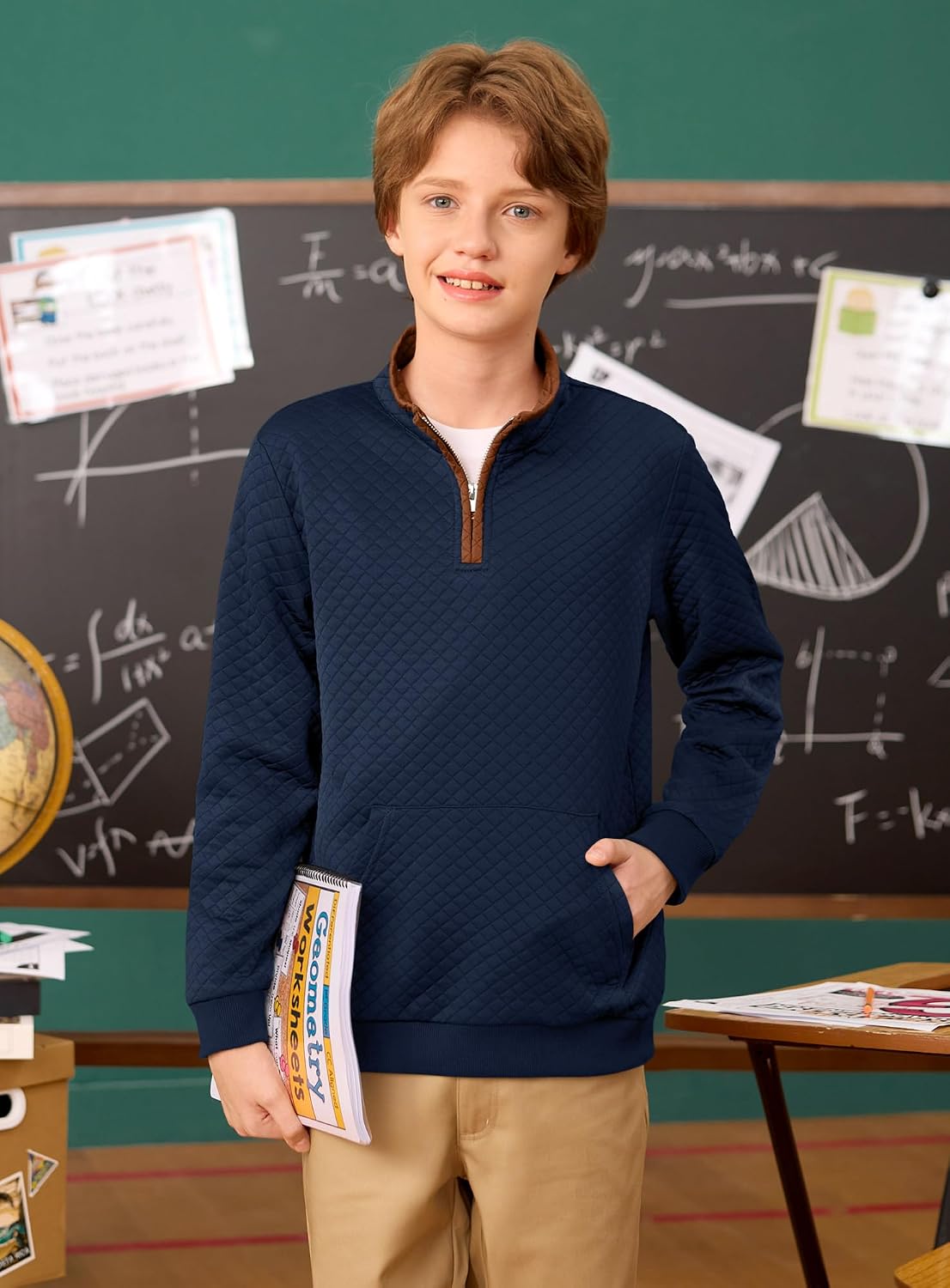 Boys 1/4 Zip Sweatshirts Quilted Pullover with Kangaroo Pocket