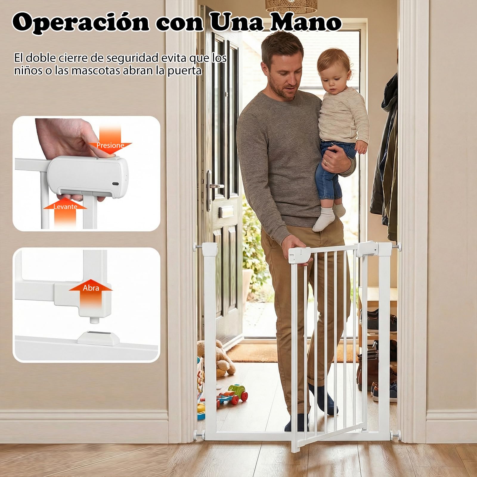COSTWAY Barrera Seguridad Niños, 75-82 cm, Valla Seguridad Infantil con Cierre Automático, Operación con una Mano, No Requiere Perforación, Valla de Seguridad para Niños Mascotas (Blanco)