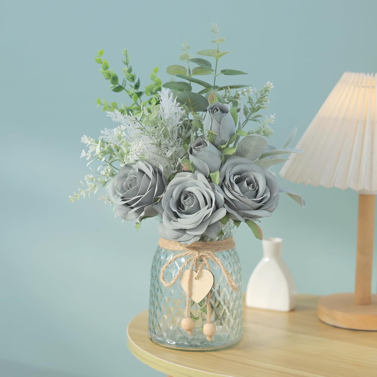 Faux Flowers with Vase,Artificial Silk Roses in Vase, Fake Plant Eucalyptus Flower Arrangement for Home Office Farmhouse Bathroom Dining Table Centerpiece Decorations Coffee Table Decor (Grey Blue) - Image 8