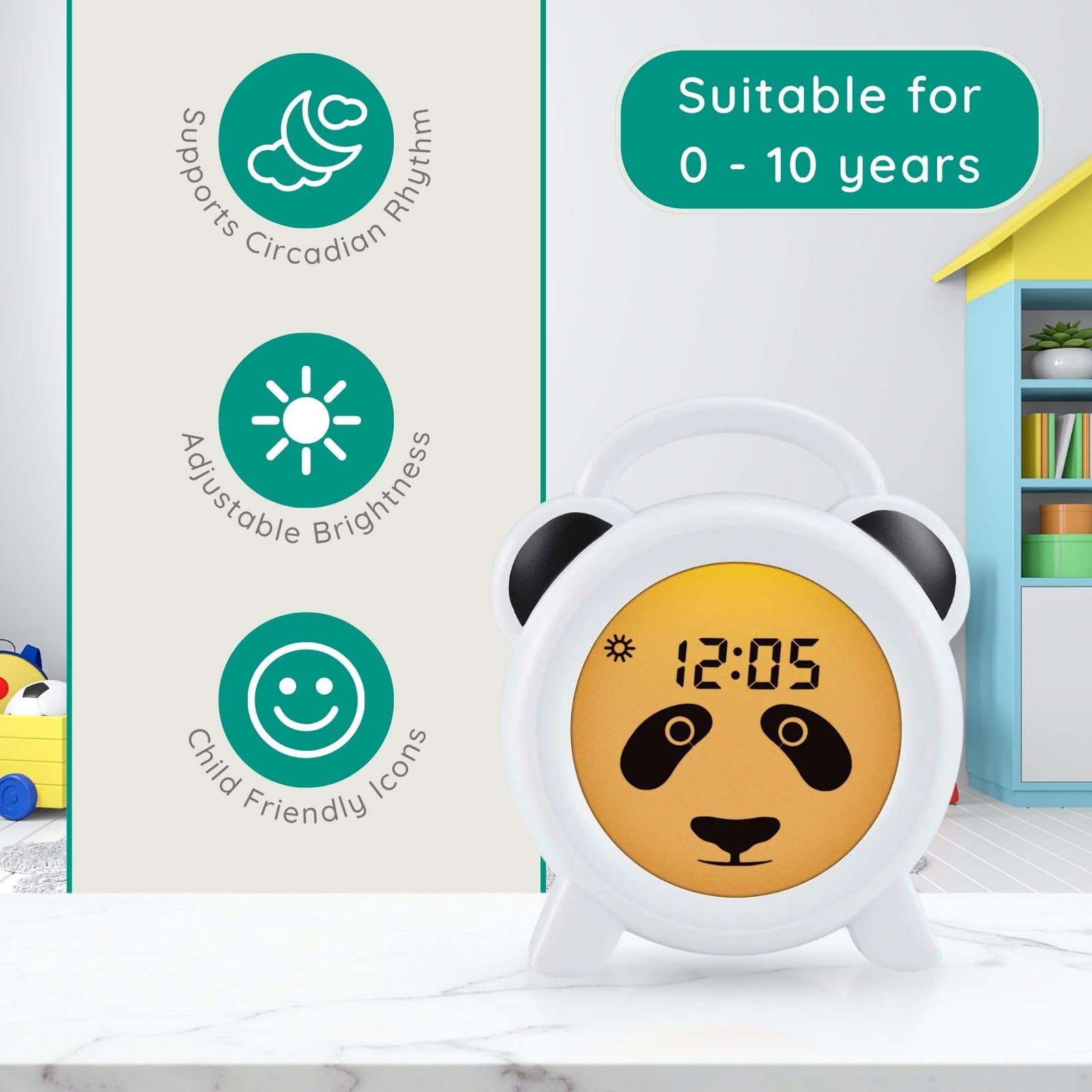 Alecto BC100PANDA – pedagogiczny budzik dla dzieci – trener snu i lampka nocna dla dzieci – nauka snu i budzenia z budzikiem LED – biały/czarny