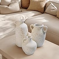 Vista 5 de Sunddo Florero rústico de cerámica con 2 asas, florero de granja texturizado, jarrones decorativos modernos blancos, sala de estar, estante, repisa