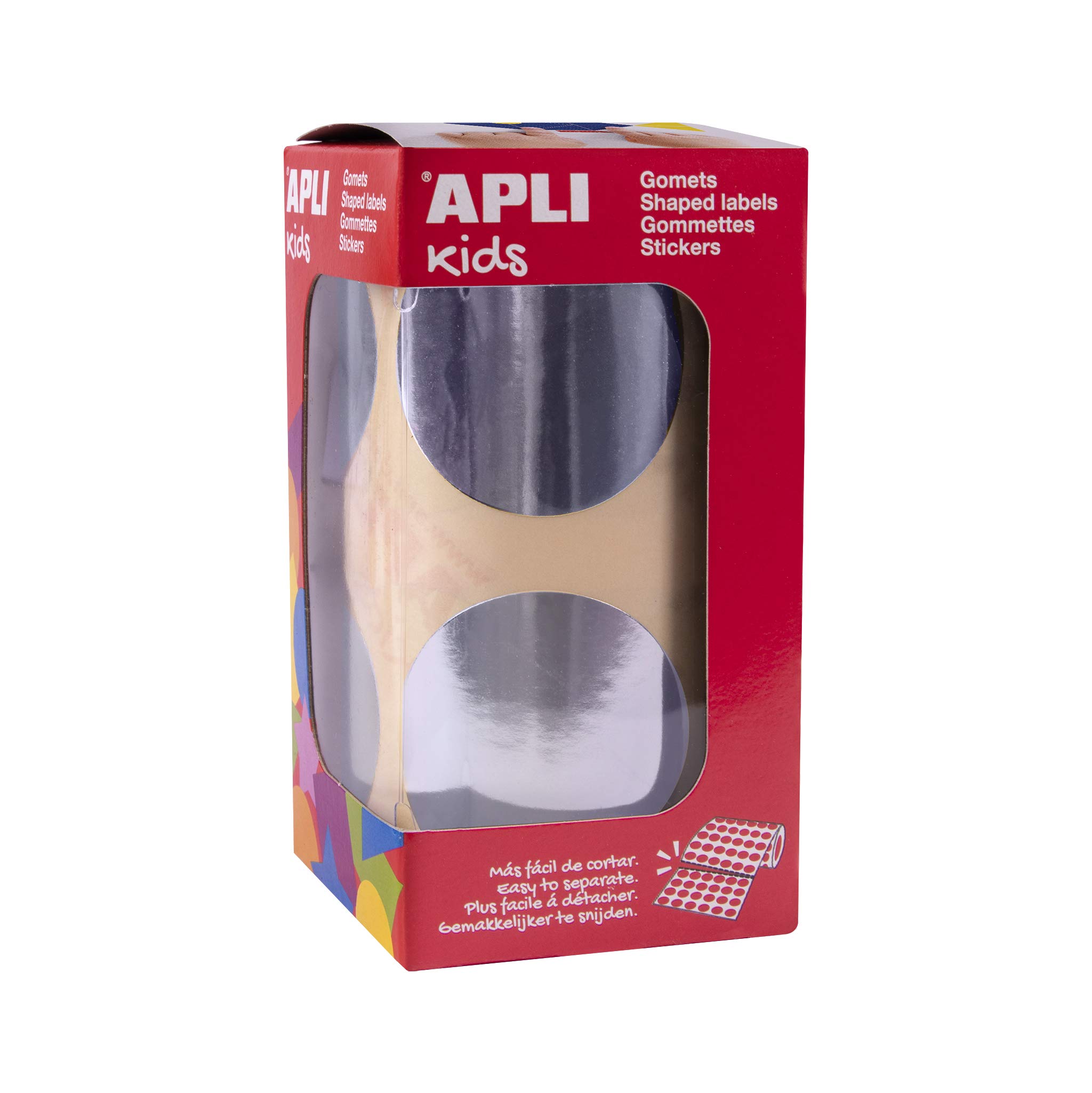 APLI Kids 18484 – Roll of 354 Round Gummies Ø45 mm Metallic Silver, Permanent Adhesive