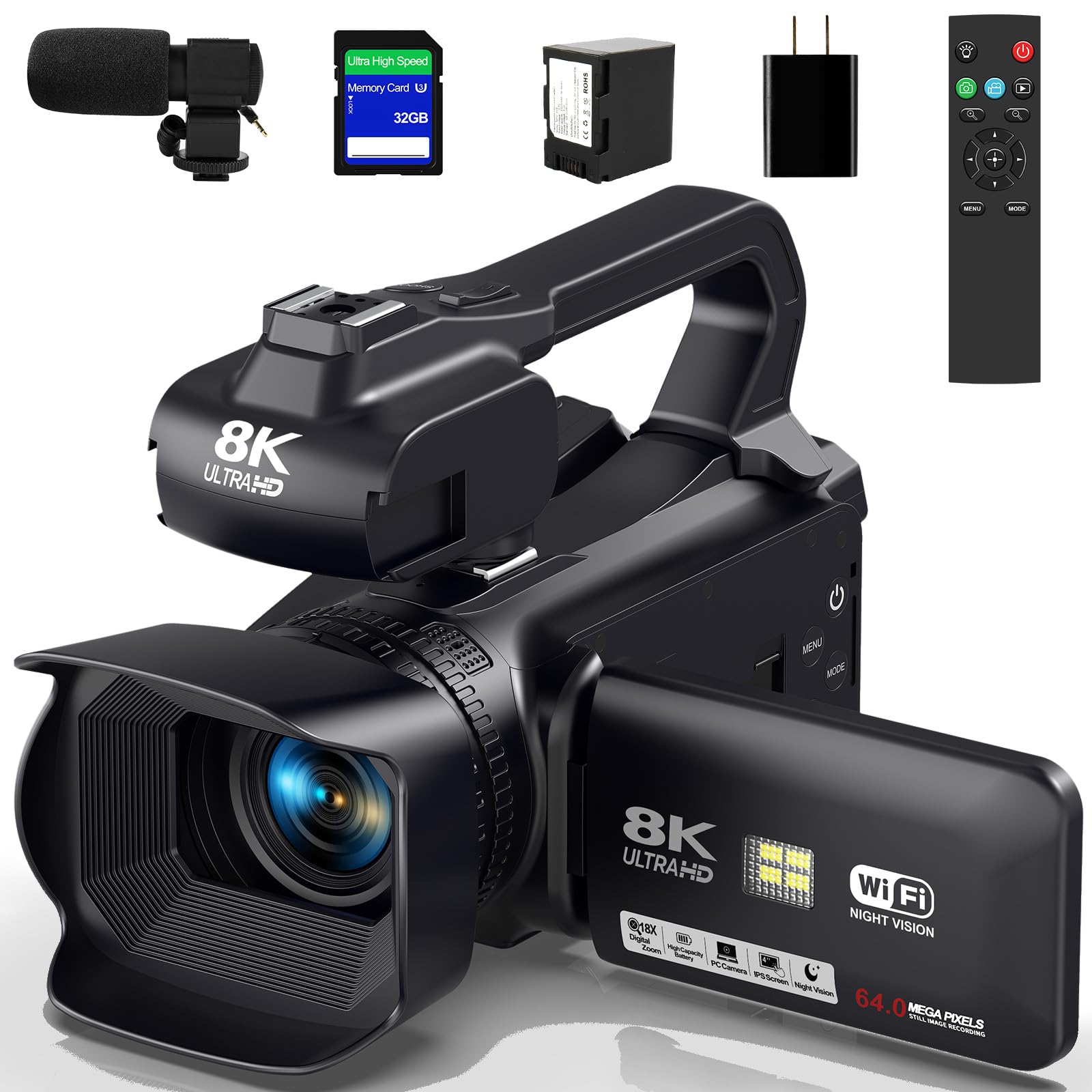 Videocamera 6K 64MP Videocamera 18X Zoom Digitale IR Visione Notturna Vlogging Camera per YouTube 4.0 Pollici Touch Screen Videocamera con WiFi, Microfono, Telecomando, Scheda SD da 64 GB