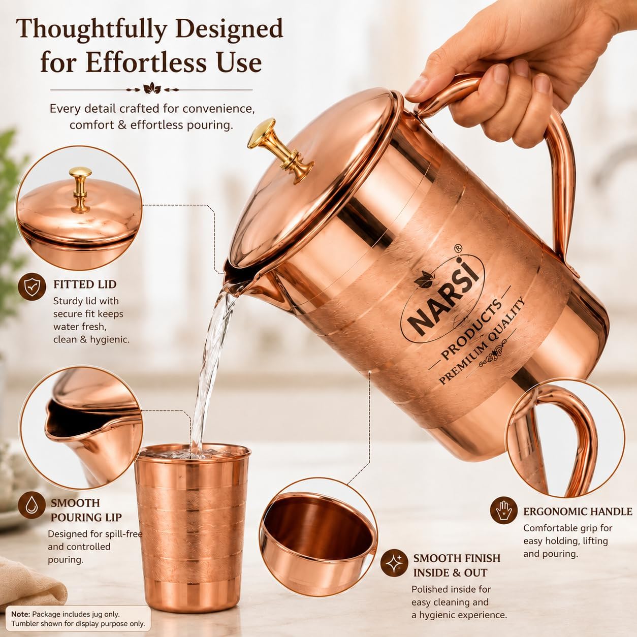 NARSI Pure Copper Water Jug with Lid 1500 ml/50.7 oz, Copper Jug for Drinking Water, Handcrafted Copper Pitcher for Water Storage, Traditional Copper Drinkware for Home, Kitchen & Dining