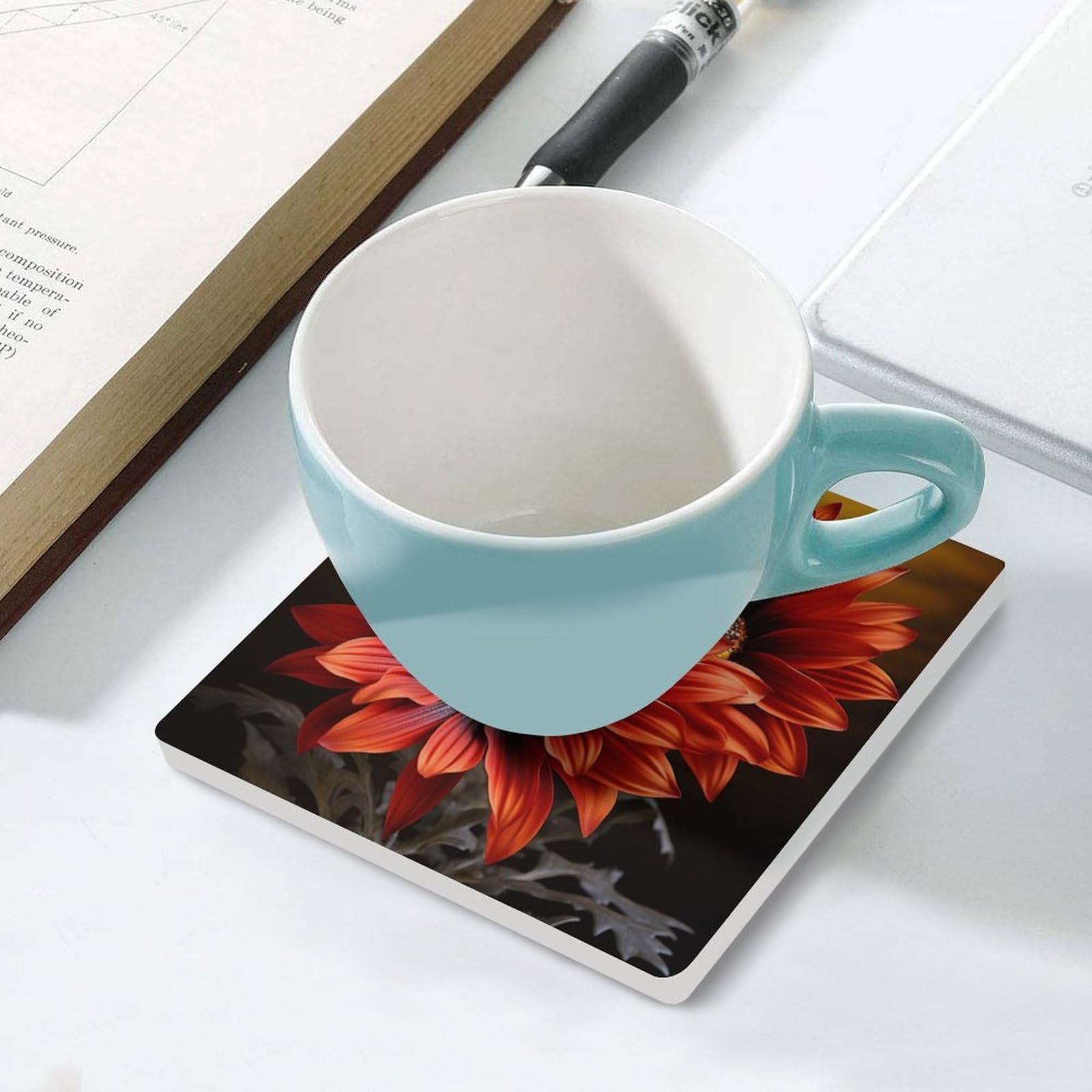 Posavasos para decoración de mesa, juego de 6 posavasos para mesa de café, reutilizables, con estampado de girasol rojo, para mesa de comedor y sala de estar
