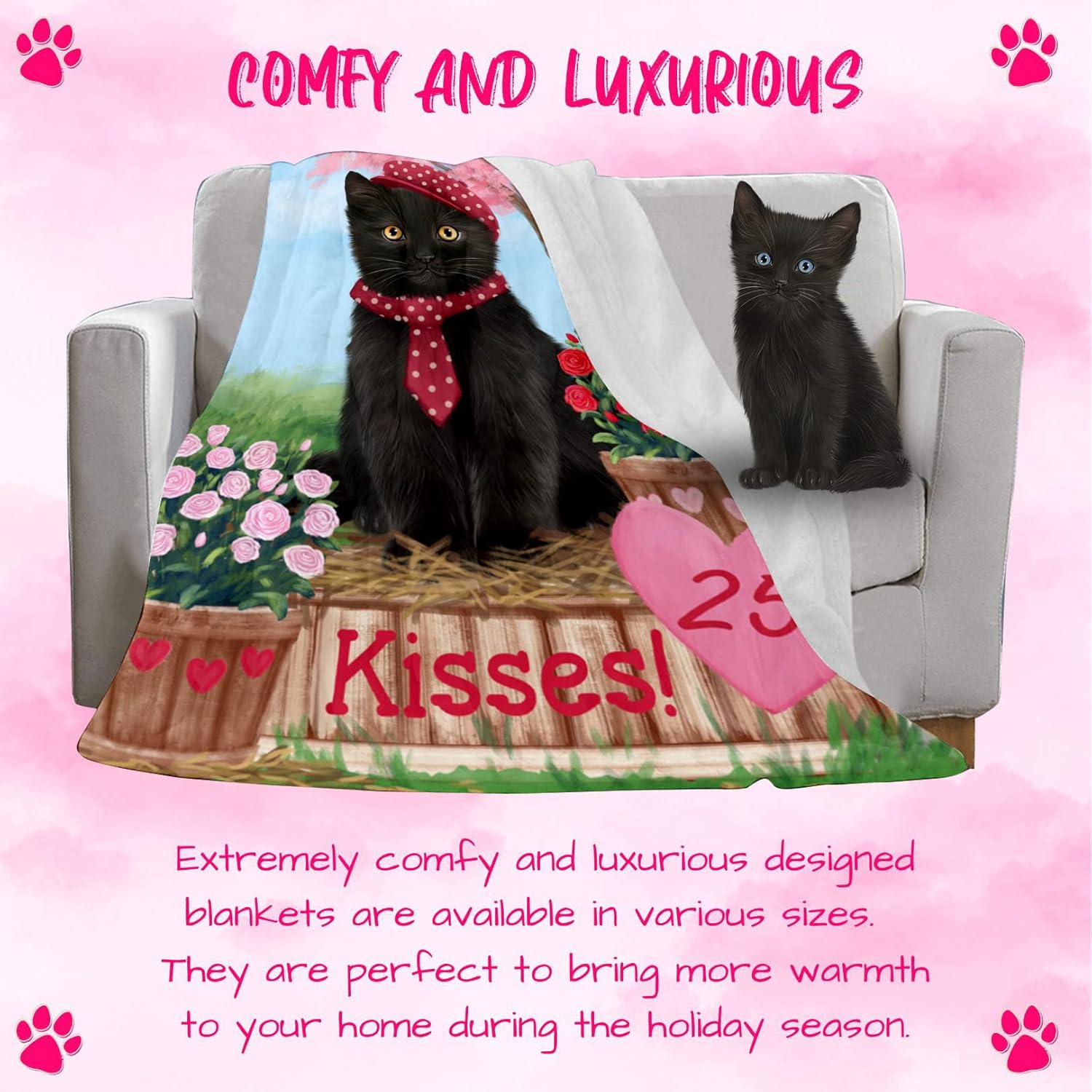 Rosie 25 Cent Kisses Black Cat Blanket - Lightweight Soft Cozy and Durable Bed Blanket - Animal Theme Fuzzy Blanket for Sofa Couch BLNKT60736 (30x40 Fleece)