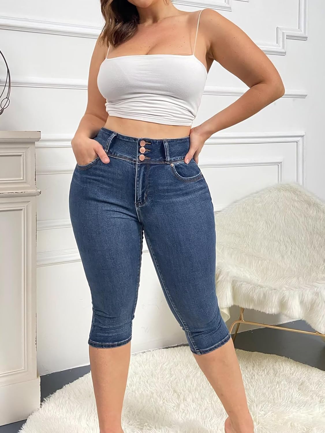 Flamingals Butt Lifting Mid Waist Skinny Jeans for Women Stretchy Fall Trendy Pull On Denim Capris - Image 5