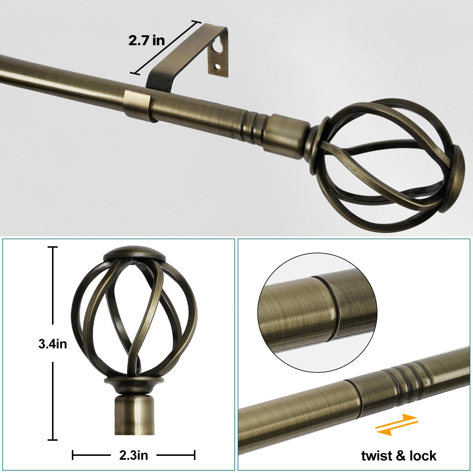 Bastone per tenda in ottone anticato da 122 a 223,5 cm, set con terminali intrecciati, resistente asta per tende con staffe, asta regolabile per tende per camera da letto, soggiorno, in ottone