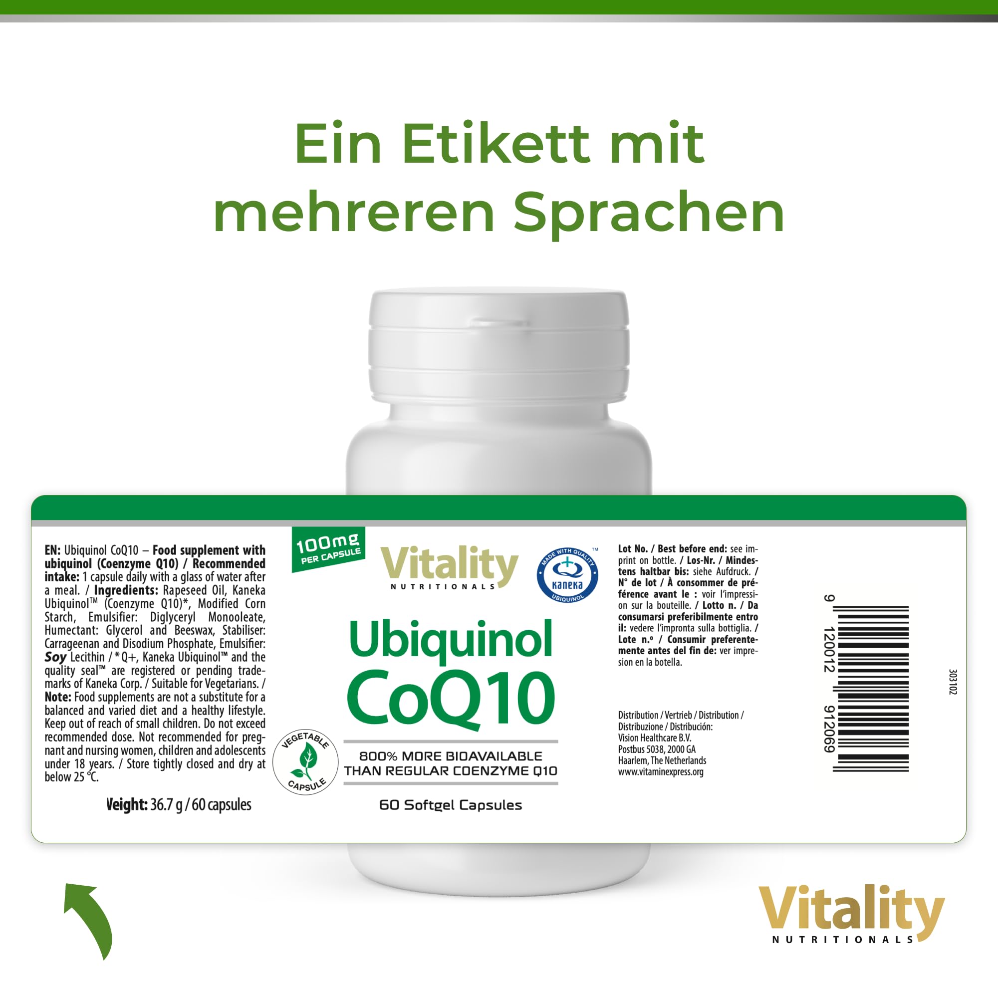 Q10 Kapseln Hochdosiert Ubiquinol CoQ10 100mg, aktive Form, Höchste Bioverfügbarkeit, Premium Coenzym Q10 Hochdosiert, 60 Kapseln Vitality Nutritionals by Vitaminexpress