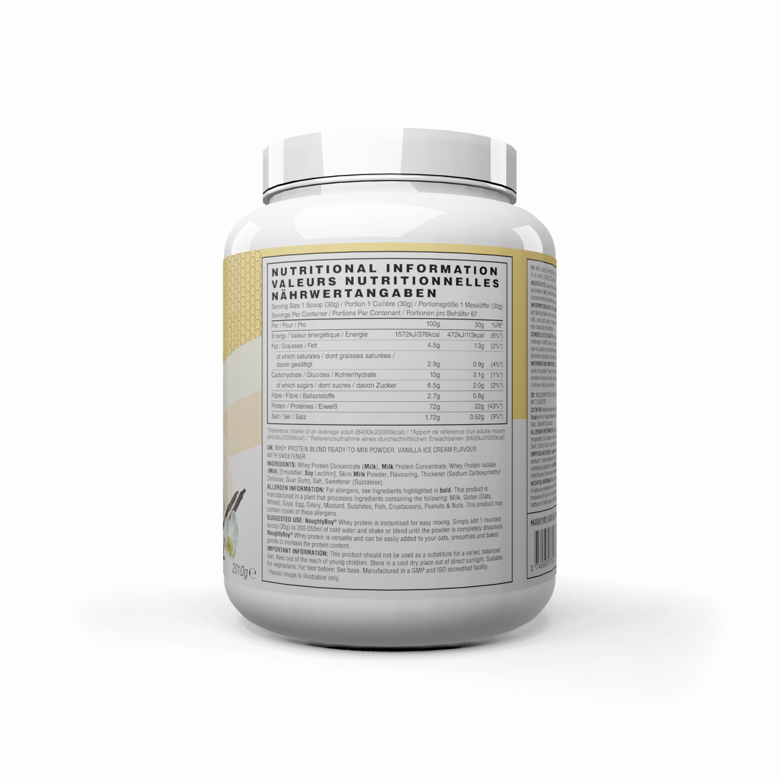 Naughty Boy Advanced 100% proteína de suero en polvo, 2010 g, 22 g de proteína por porción, 67 porciones, batido alto en proteínas para crecimiento muscular y recuperación, bajo en azúcar, helado de