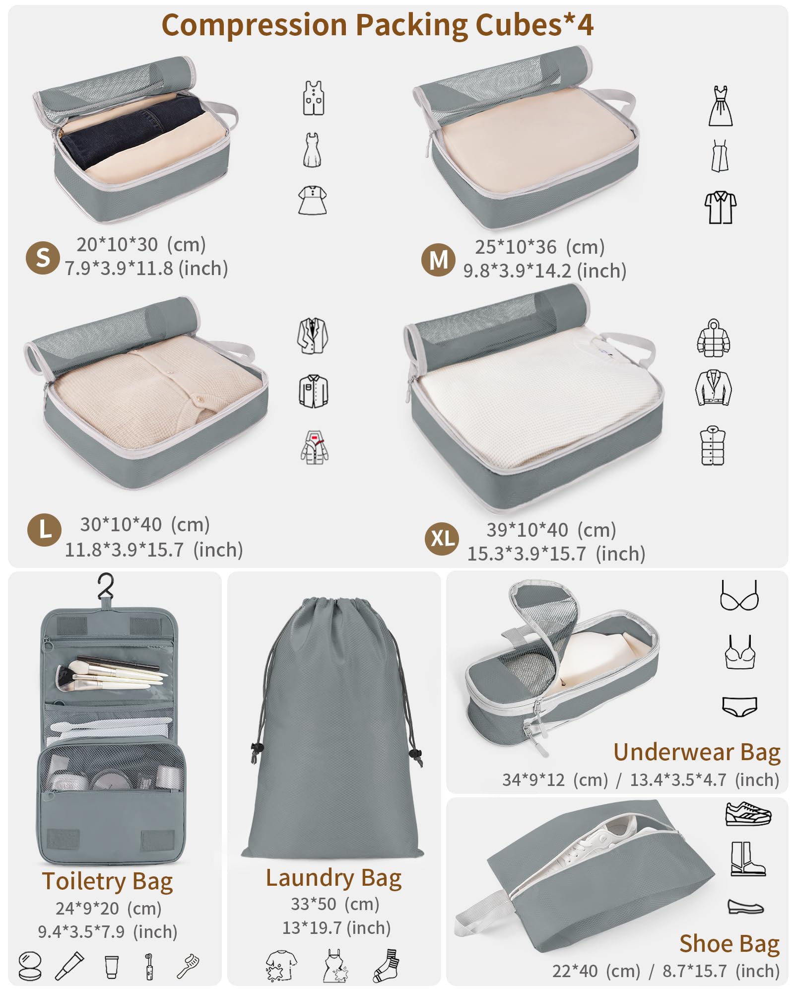 Set Da Viaggio 8 Cubi A Compressione – Con Borsa Toeletta E Organizer – Grigio, Per Uomo E Donna