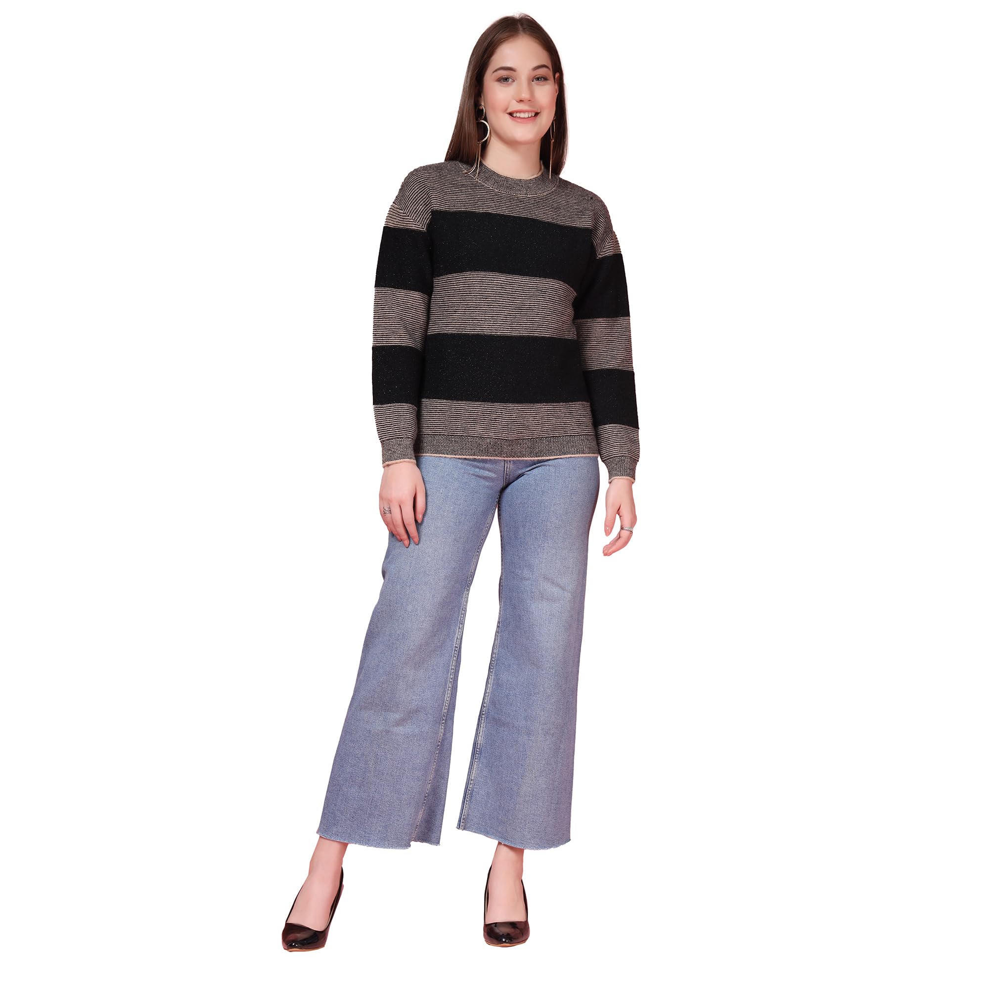 Women Striped Woollen Pullover Black_T5W 25224-image-12
