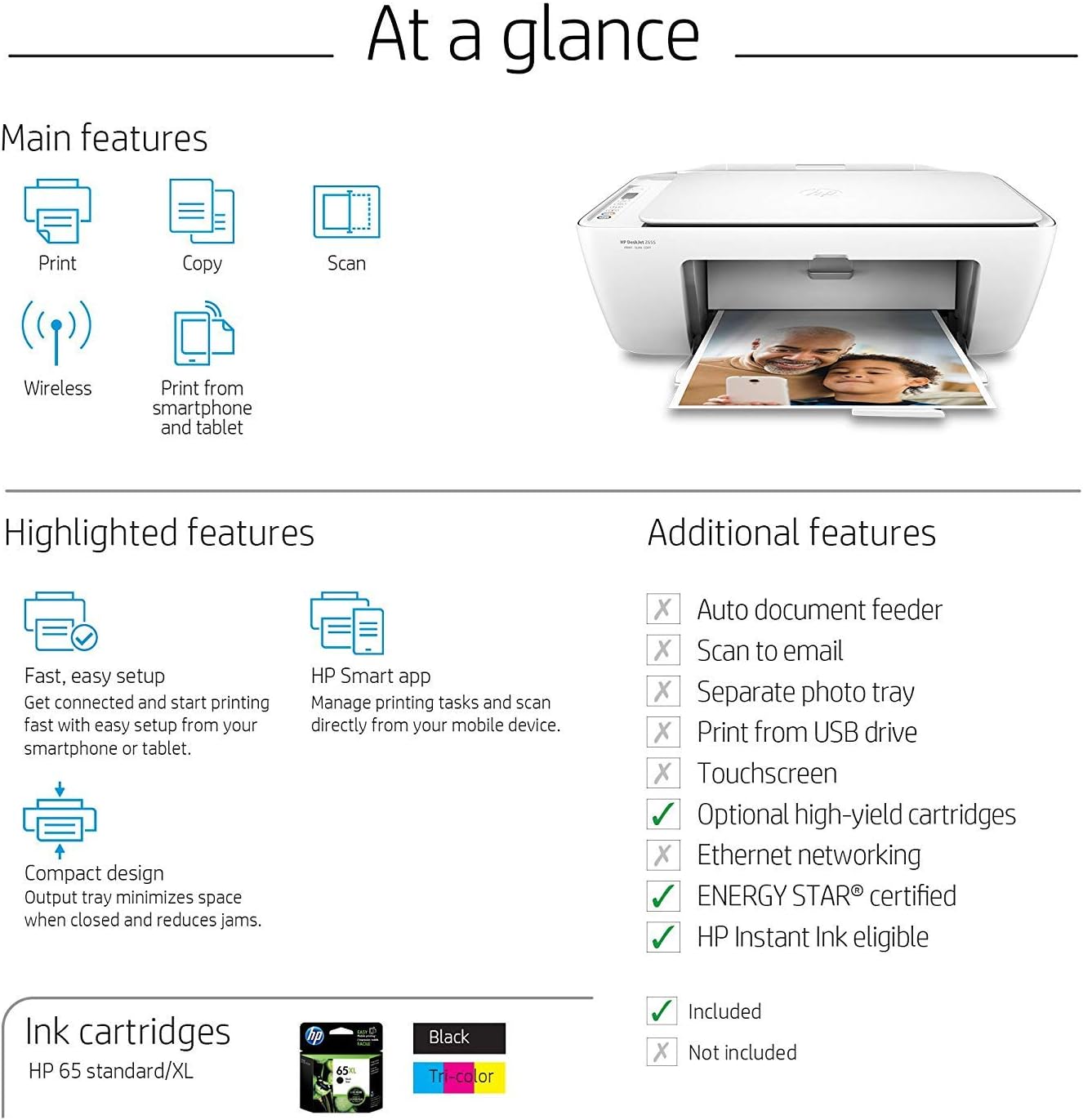 HP DeskJet 2655 All-in-One Compact Printer, HP Instant Ink, Works with Alexa - White (V1N04A)