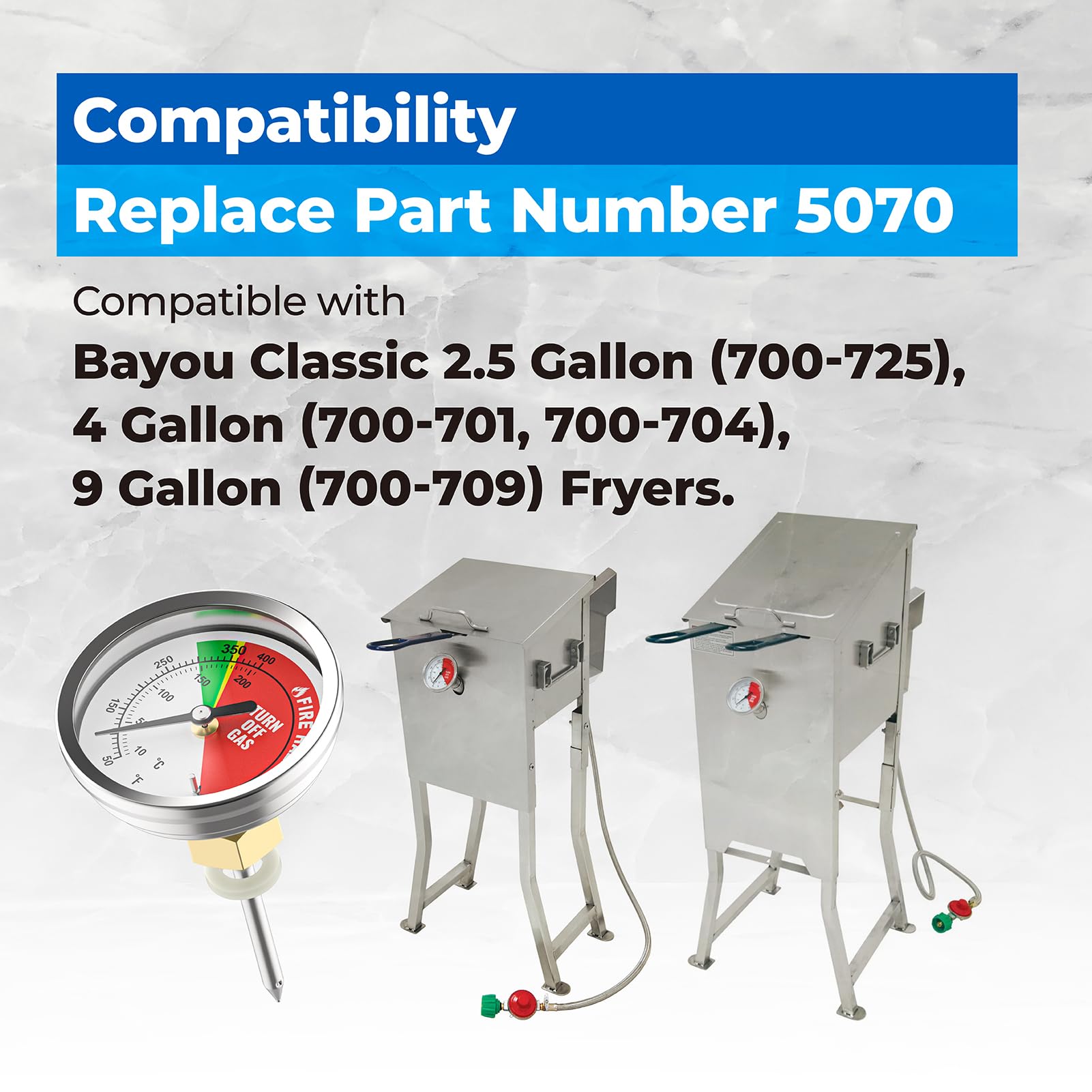 5070 - Termómetro para freidora de 10.0-204.4 °C, rango de temperatura compatible con freidoras Bayou Classic de 2.5 galones de 4 galones y 9 galones independientes o de mesa