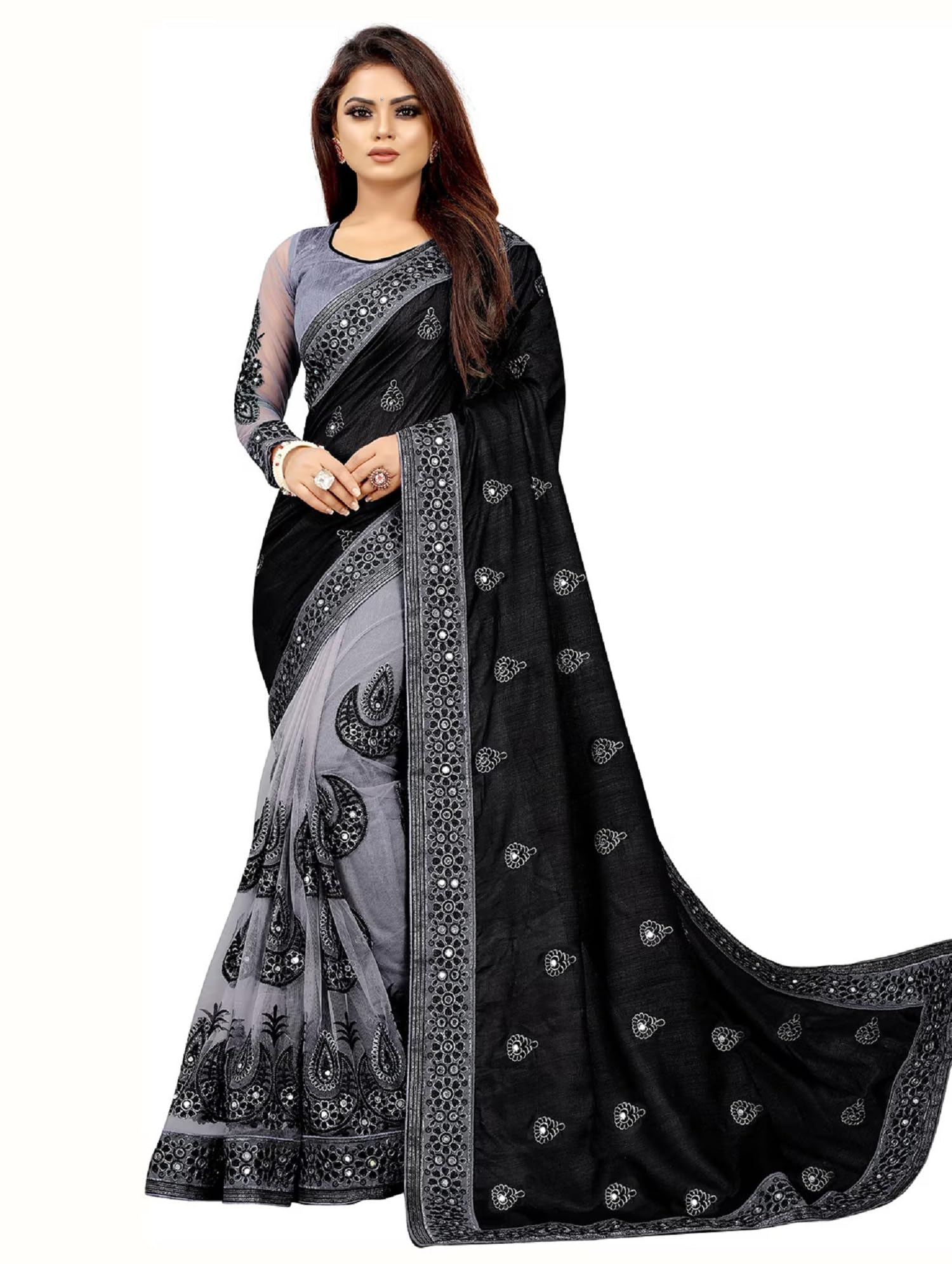 Women's Vichitra Silk Half & Half Embroidered Saree Diwa Half-New-image-5