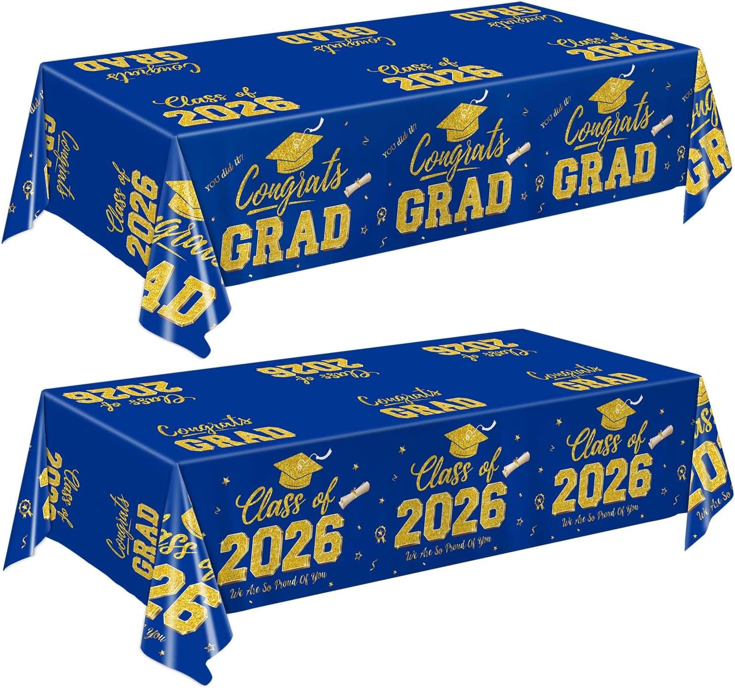 LINHAXM Graduation Decorations 2026, 2 Pack Graduation Tablecloths, Congrats Grad Disposable Table Cover for Navy Blue and Gold Grad Party Decorations Class of 2026, 54" x 108"