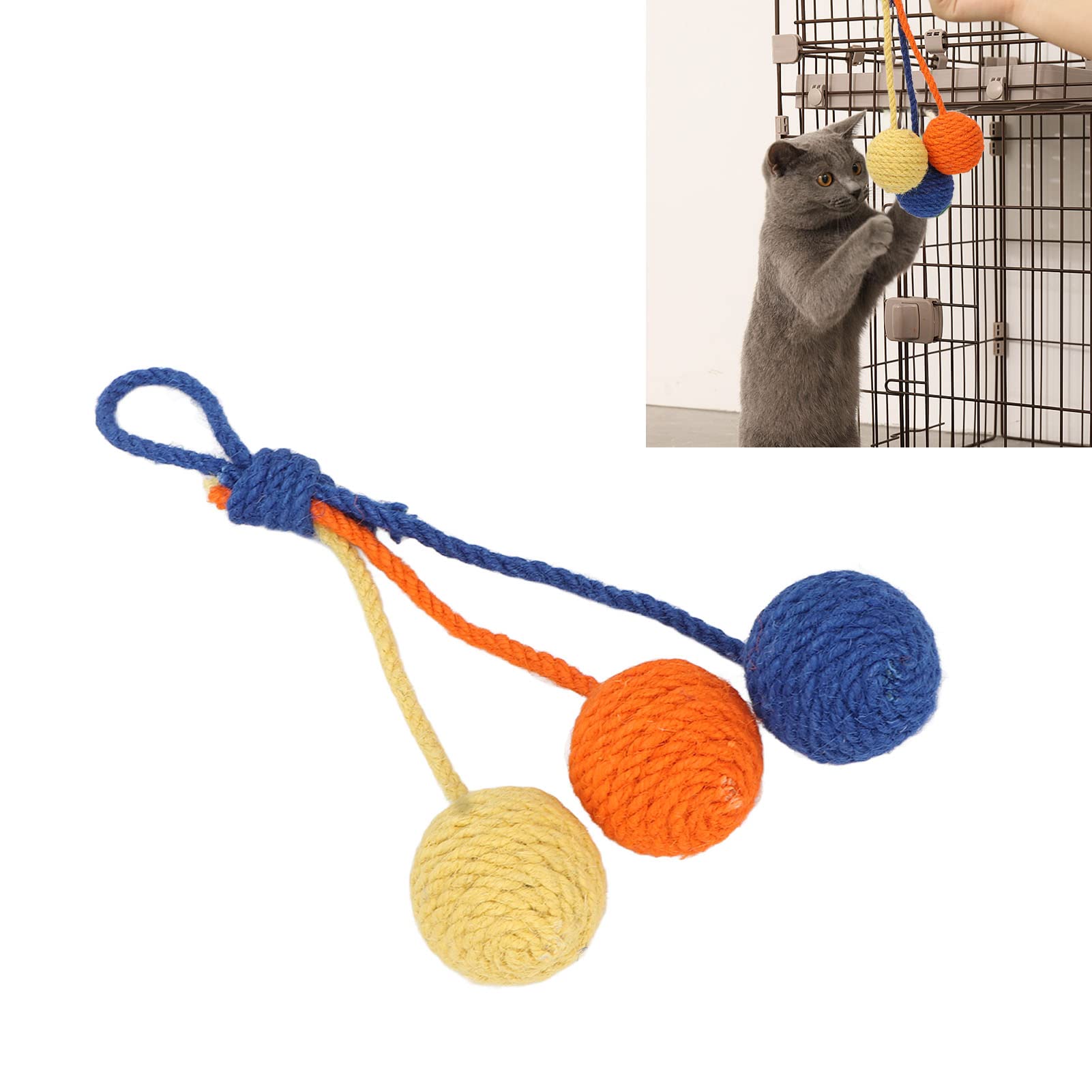 Cat Sisal Ball, Hanging Cat Sisal Ball Chewable Colorful Interactive Cat Sisal Rope Ball Toy for Pet Indoor (Red Yellow Blue)