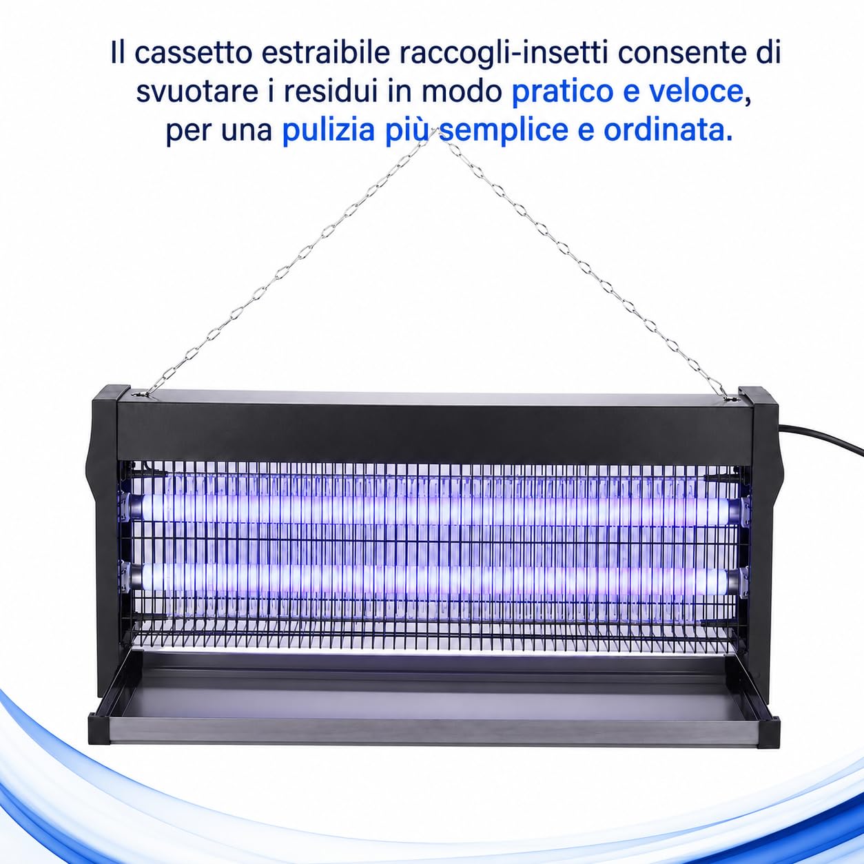 Zanzariera Elettrica 40W con 2 Lampade UVA - Copertura 150 mq | Zanzariera elettrica 40W con 2 lampade UVA, copertura 150 mq, cassetto estraibile, griglia in ferro e catena.