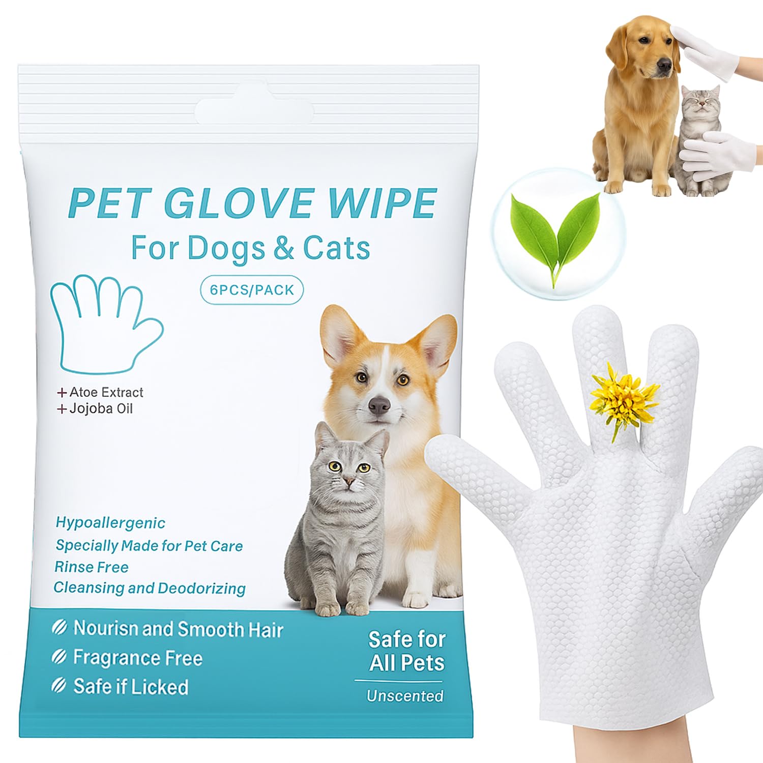 Pet Bathing Glove Wipes for Dogs & Cats – Extra Thick, Unscented, Rinse-Free Cleaning & Deodorizing, Hypoallergenic Grooming Gloves for Daily Care & Travel, 6 PCS