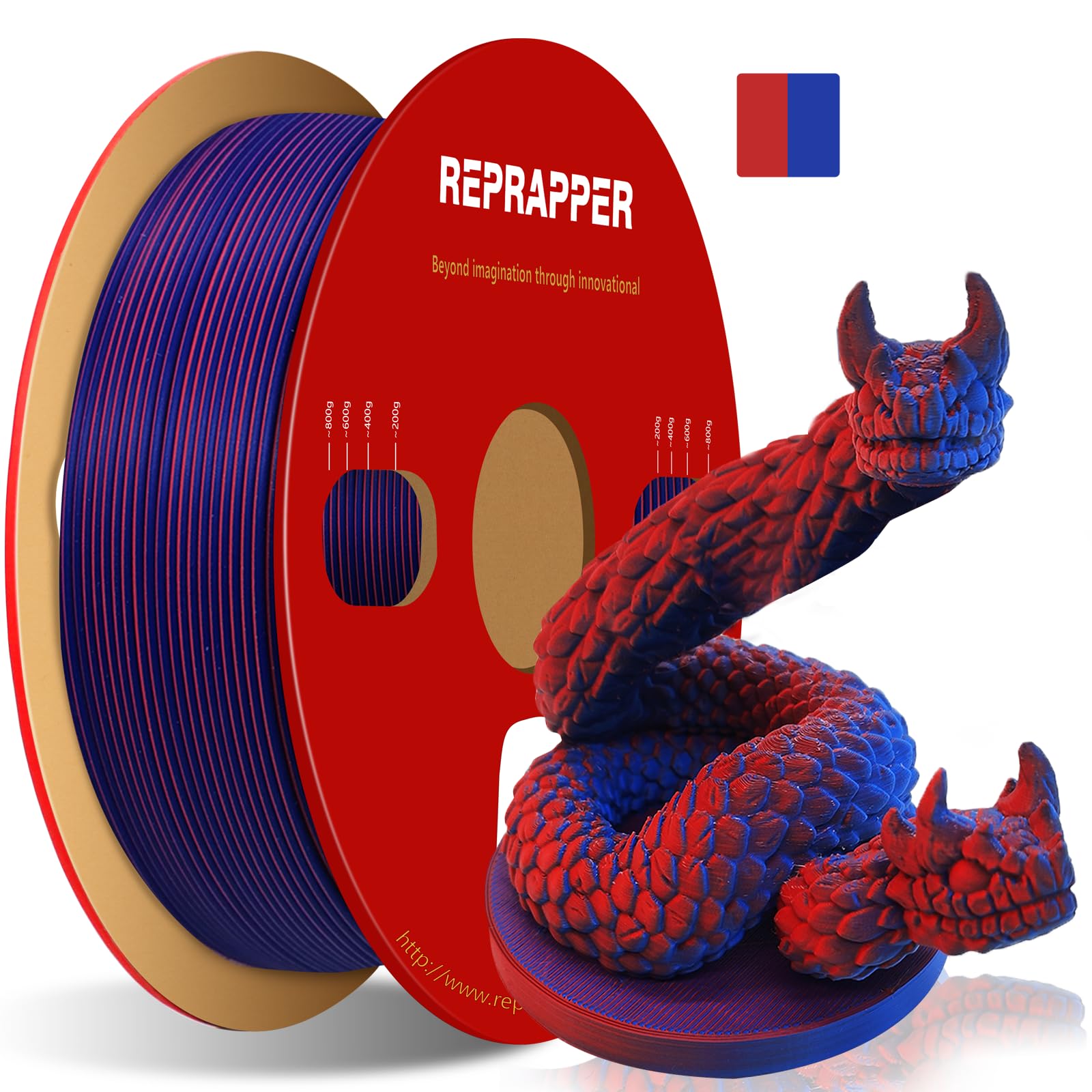 Reprapper Dual Color Filament Fillamentum pla 1.75 Multicolor 1.75mm for 3D Printer, Color Change Filament PLA, 2.2lbs (1kg), Matte PLA Red & Blue