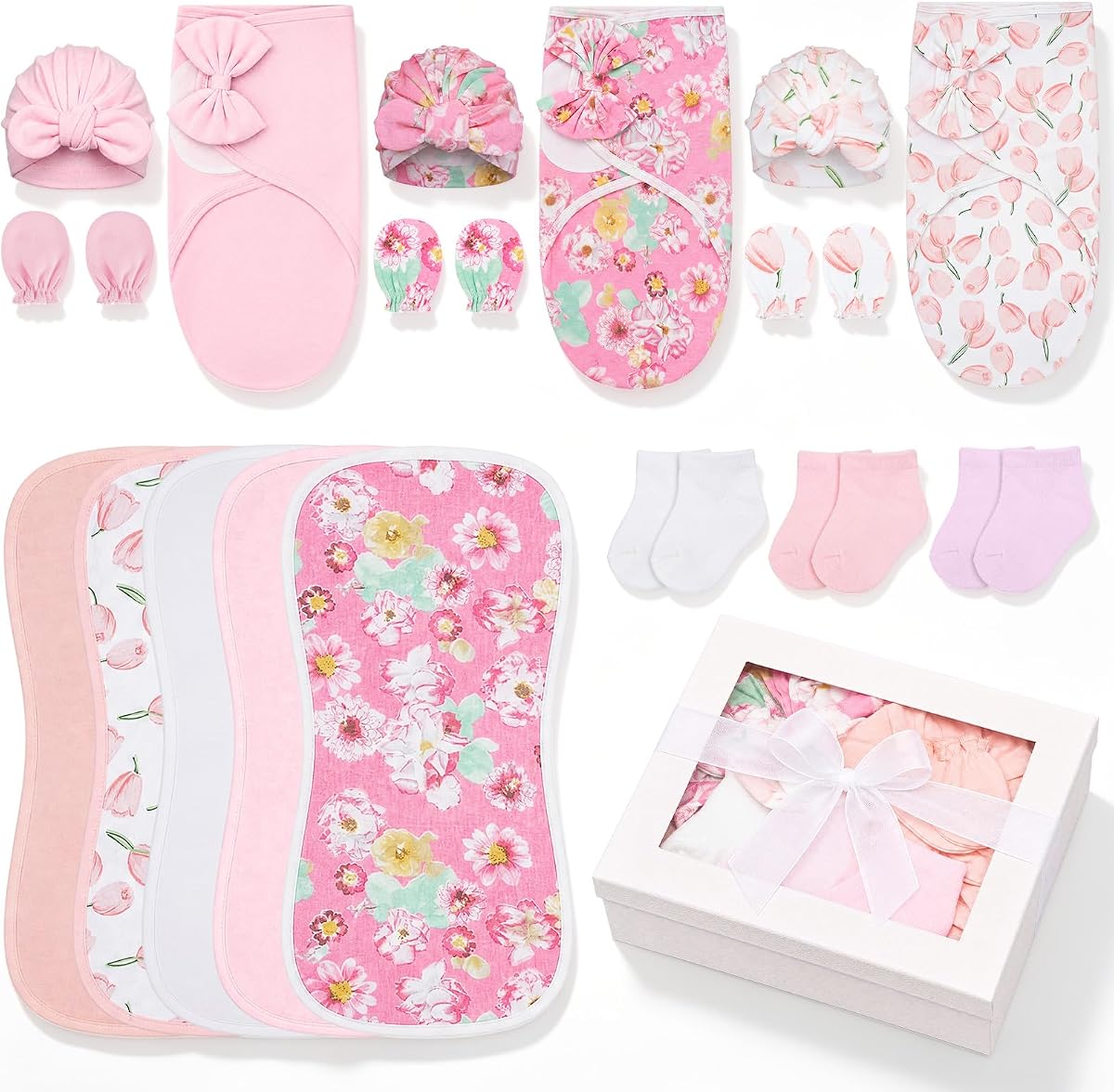 Ramede 18 Pack Newborn Layette Set 100% Cotton Supplies,Pink,0-3 Months | Newborn Girls Essential Kit Baby Gift Set Include Swaddle Blankets, Burp Cloths, Hats, Mittens and Socks for 6-13 Lbs Baby