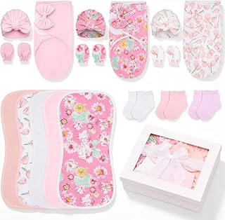 Ramede 18 Pack Newborn Layette Set 100% Cotton Supplies,Pink,0-3 Months | Newborn Girls Essential Kit Baby Gift Set Include Swaddle Blankets, Burp Cloths, Hats, Mittens and Socks for 6-13 Lbs Baby