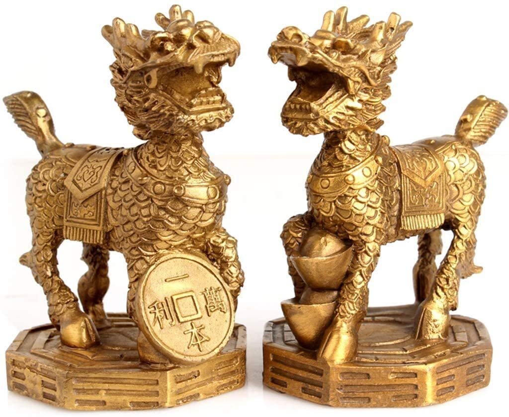 SnamicE a pair brass qilin/kylin statue sculpture attract wealth and good luck best housewarming congratulatory gift for home office decoration 0724,