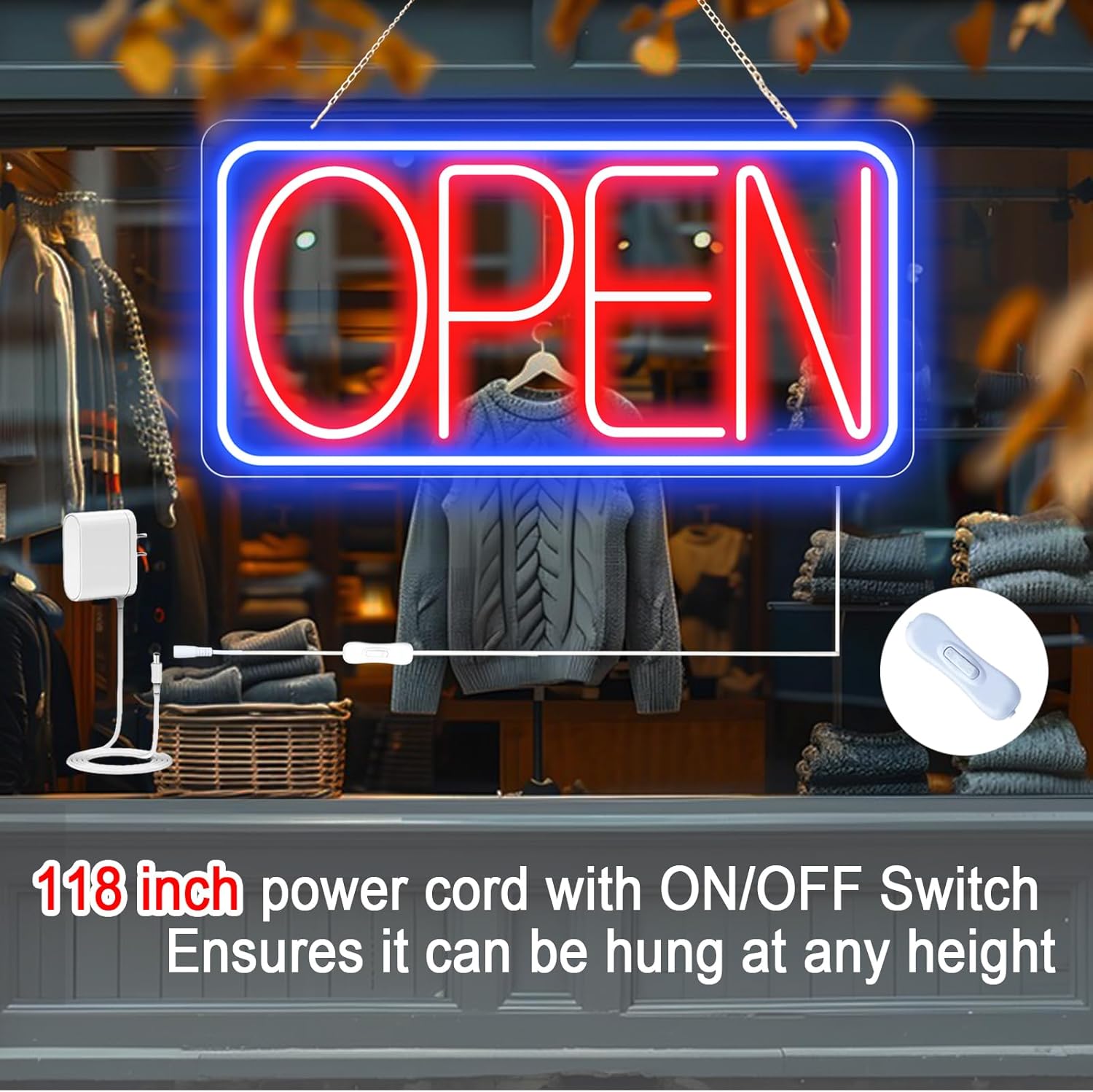 22" X 11" Led Neon Open Signs for Business Ultra Bright Plug In Electric Light Up Large Open Signs with ON/OFF Switch and 12V/2A AC Adapter for Storefront Window Bar Salon Coffee Stores (Horizontal) - Image 5