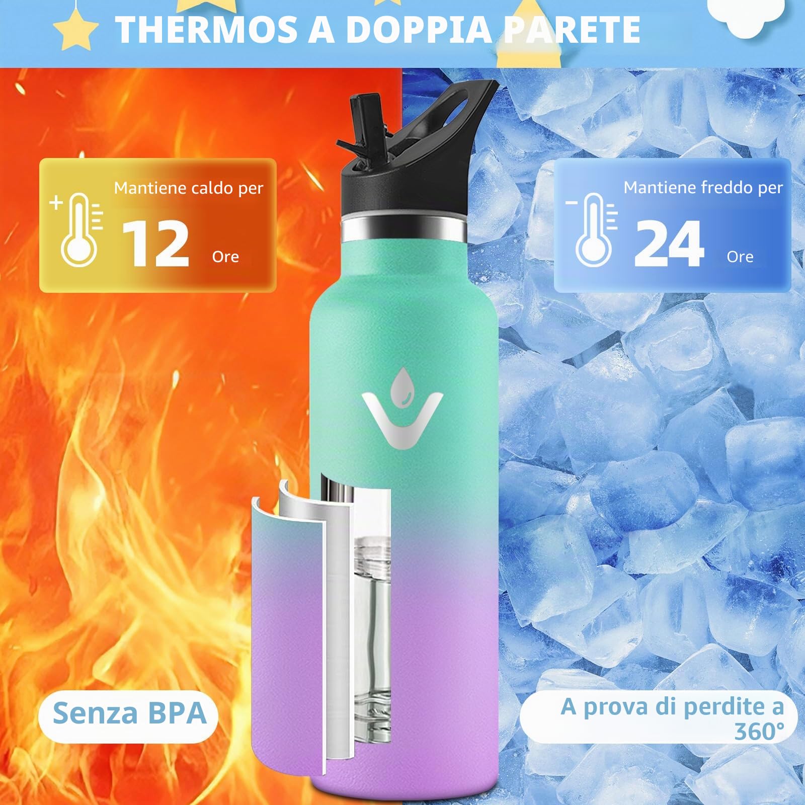 Motswedi Borraccia Termica Bambini, 500ml Con 2 Tappi, Borraccia con Cannuccia, Doppia Parete, Bottiglia Termica, A Prova di Perdite, Bottiglia acqua Per Scuola, Campeggio, Palestra, Verde-Viola