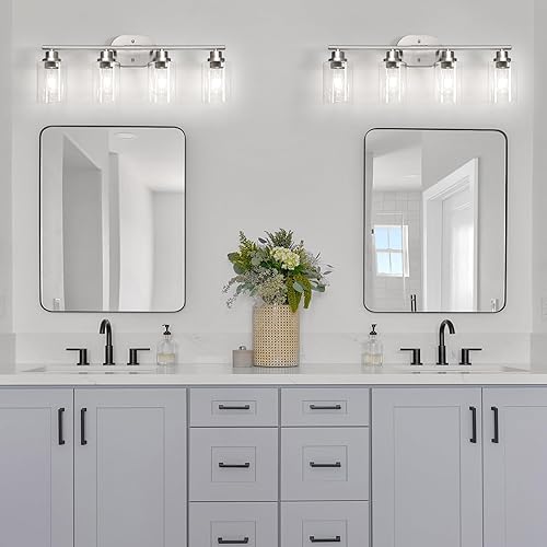 Miniatura 9 de Ascher Lámparas de baño de 4 luces, modernas luces de tocador con pantalla de vidrio transparente, lámpara de pared de níquel cepillado para espejo
