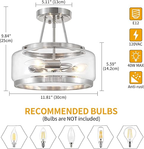 Miniatura 6 de Lámpara de techo moderna de cristal de níquel cepillado, lámpara de techo semiempotrada de 3 lámparas, lámpara de techo para pasillo, dormitorio,