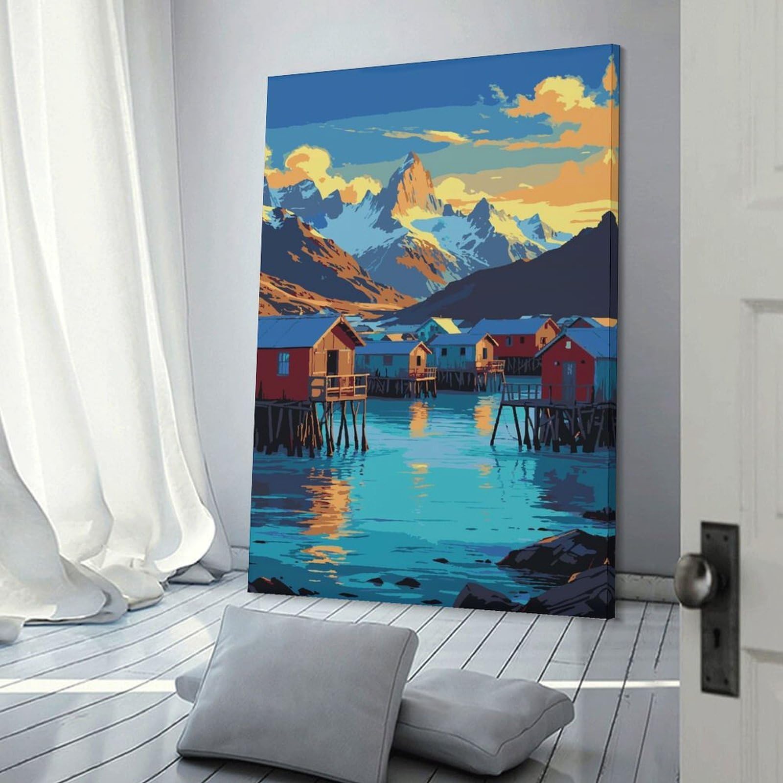 Junmoney Coastal Village with Mountain Backdrop Room Decor Wall Art, 24x36inch(60x90cm), for Feature Walls in Flats Or Modern Rooms, Wall Decor Suited to Curated Displays