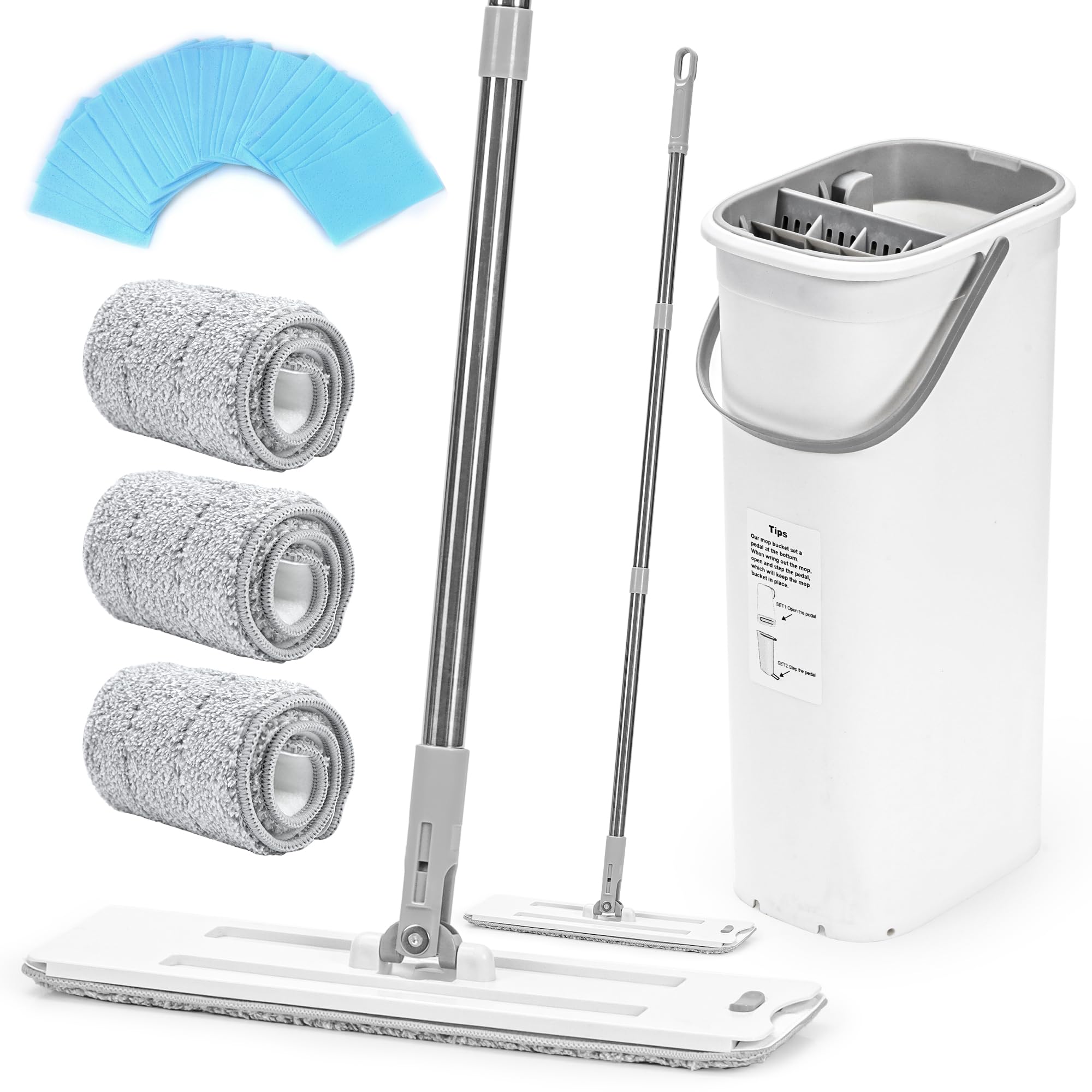 Simmop White Mop And Bucket Set, 360° Squeeze Microfiber Mops For Floor Cleaning, Two-Chamber Cleaning Bucket For Wet And Dry Use, Home Floor Cleaning System Mop For Wood, Laminate, Tiles, Vinyl