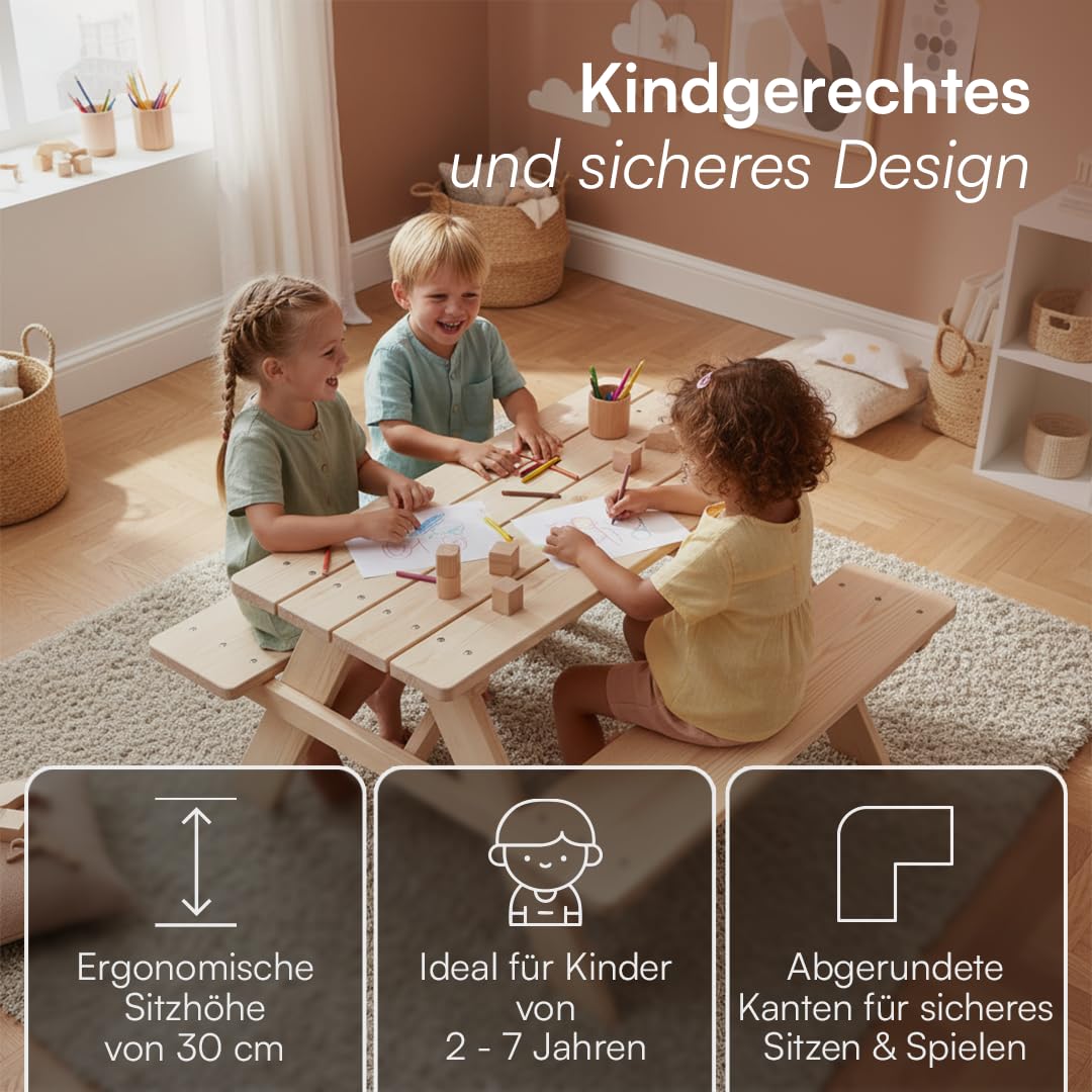 Bellabino Kindersitzgruppe für 4 Kinder – Kindertisch mit 2 Bänken – Picknicktisch aus Kiefer, unbehandelt – Gartenmöbel ab 2 Jahren