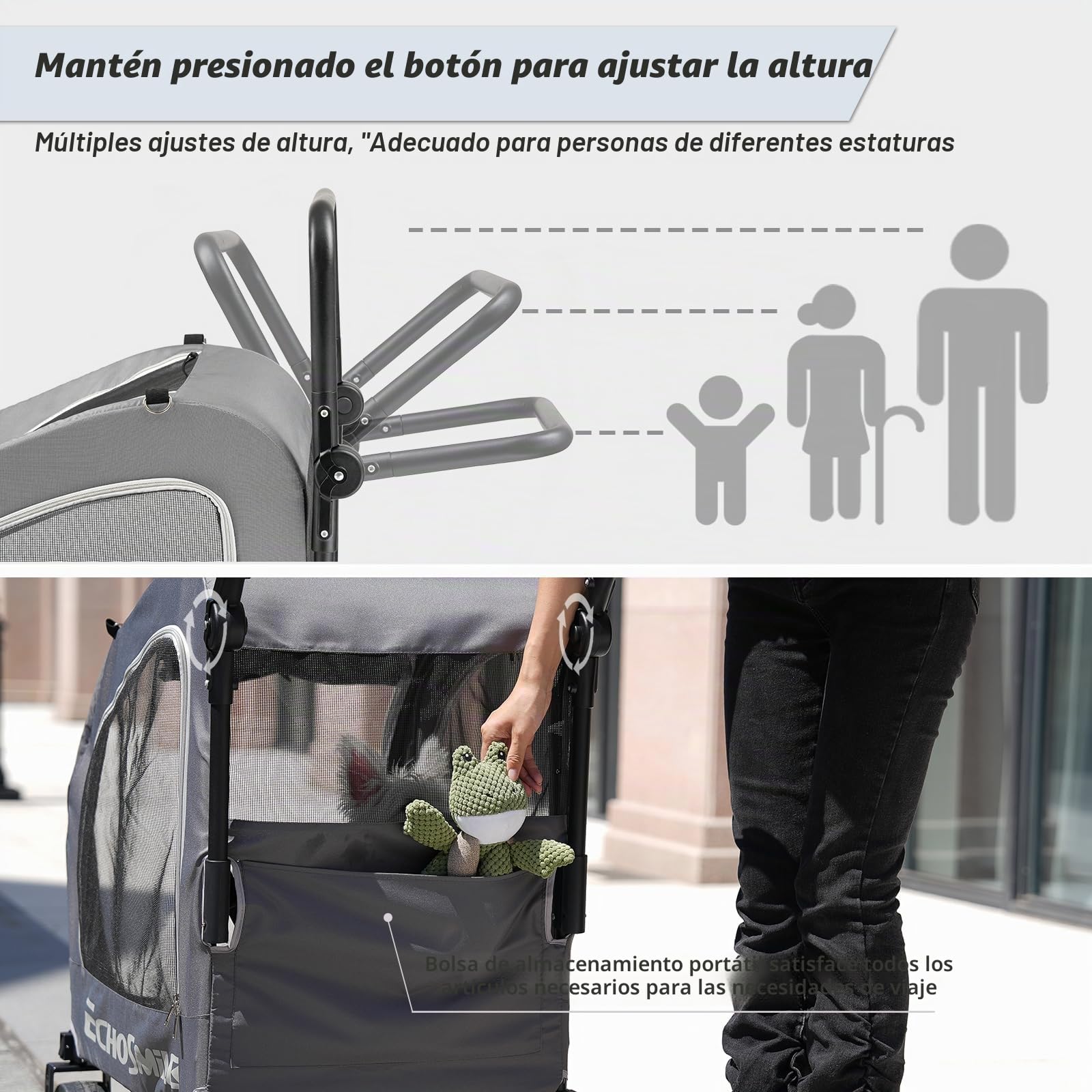 EchoSmile Carrito para Perros pequeños y medianos 20 kg, Carro Perro Plegable, Todoterreno con Doble Freno, Cinturones de Seguridad y Ventanas de Malla, Gris