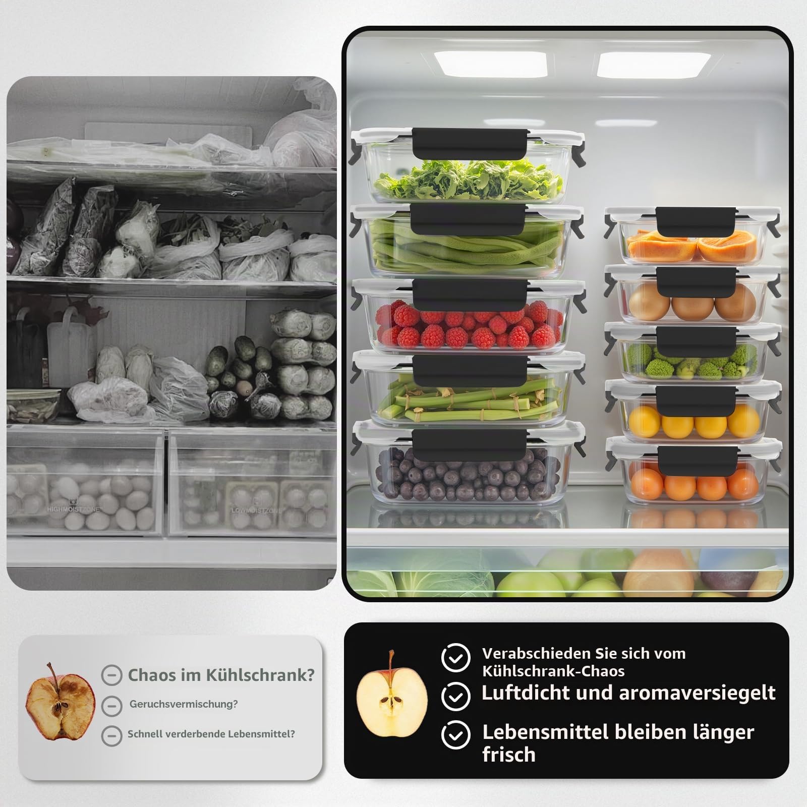 GENICOOK Glas-Frischhaltedosen mit Deckel, Glas-Mahlzeiten-Vorbereitungsbehälter-Set mit auslaufsicheren Deckeln, luftdichter Lunchbehälter für Küche, Mikrowelle, Ofen, Gefrierschrank,