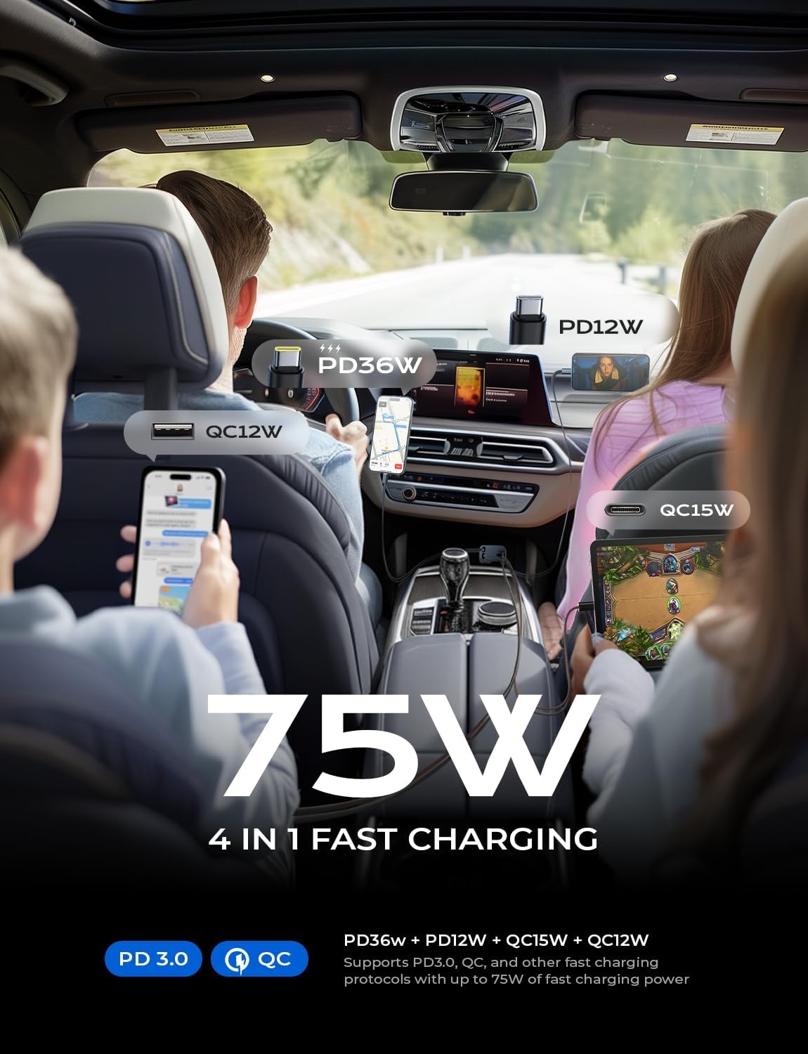 LISEN Retractable Car Charger USB C [Upgraded Dual Type C] 75W Fast 4 in 1 Car Charger for iPhone 17, Gifts for Him Her Men Women, Car Accessories for Galaxy S25 S26 Phone 17 Pro Max 16 15