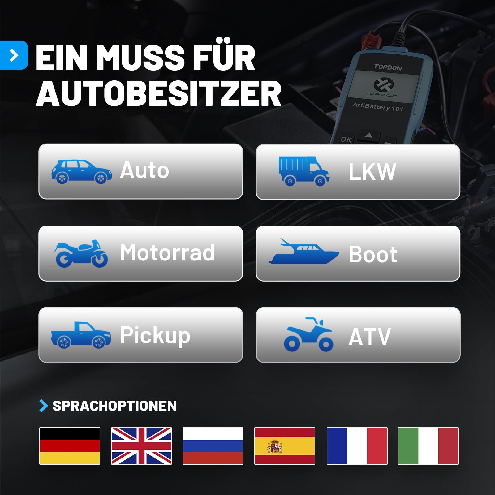 TOPDON AB101 - Batterietester kfz 12V, universal Autobatterie Tester | für Kfz/PKW/Motorrad/SUV, Autobatterie Tester Zustand Starten & Ladesystem Testgerät, mit 6 Sprachen