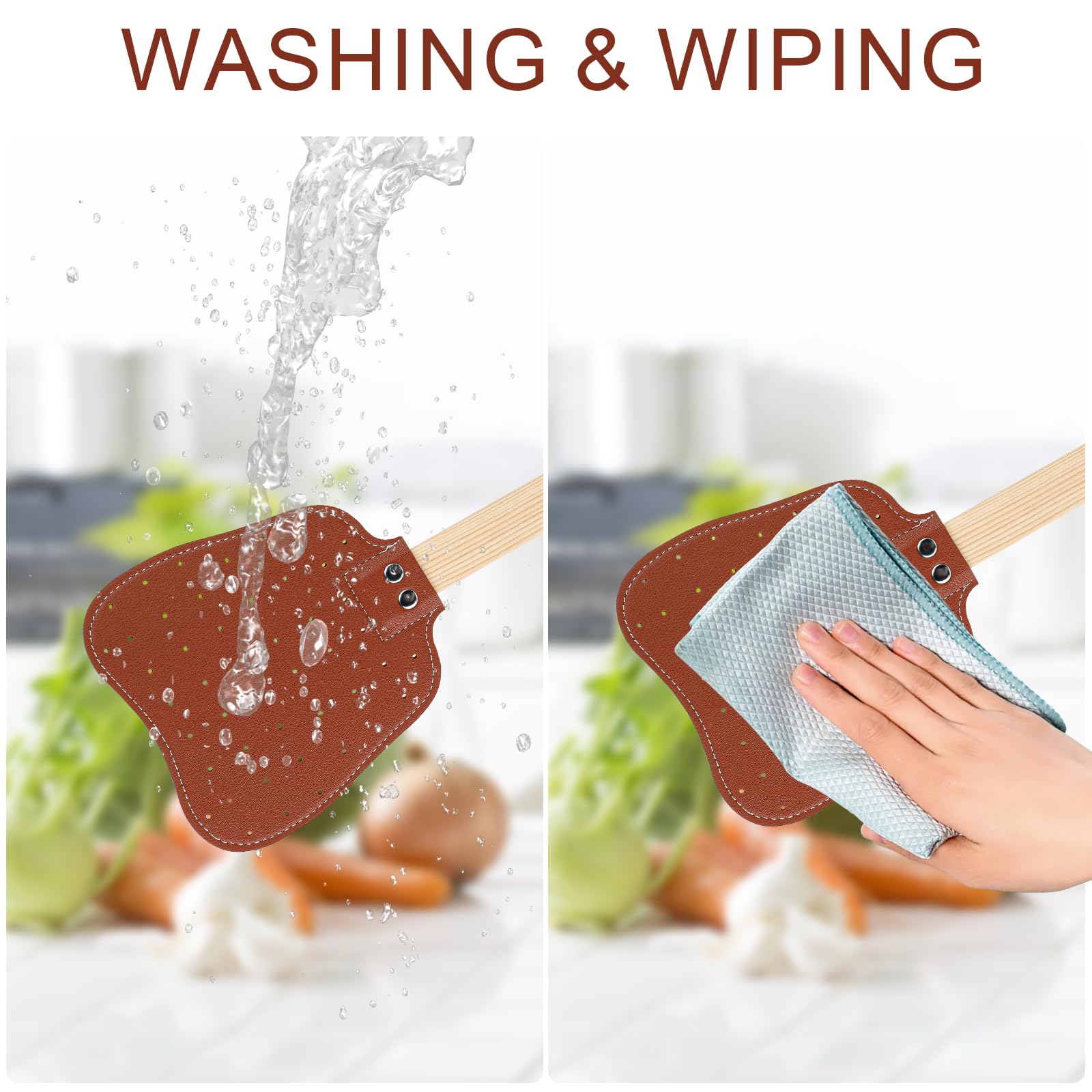 2pz Scacciamosche in Pelle, Scacciamosche Manuale Manico Lungo Legno con Corda Appesa Scacciamosche Pelle Resistente e Pratica Interni per Mosche Zanzare Api(Nero, Marrone)