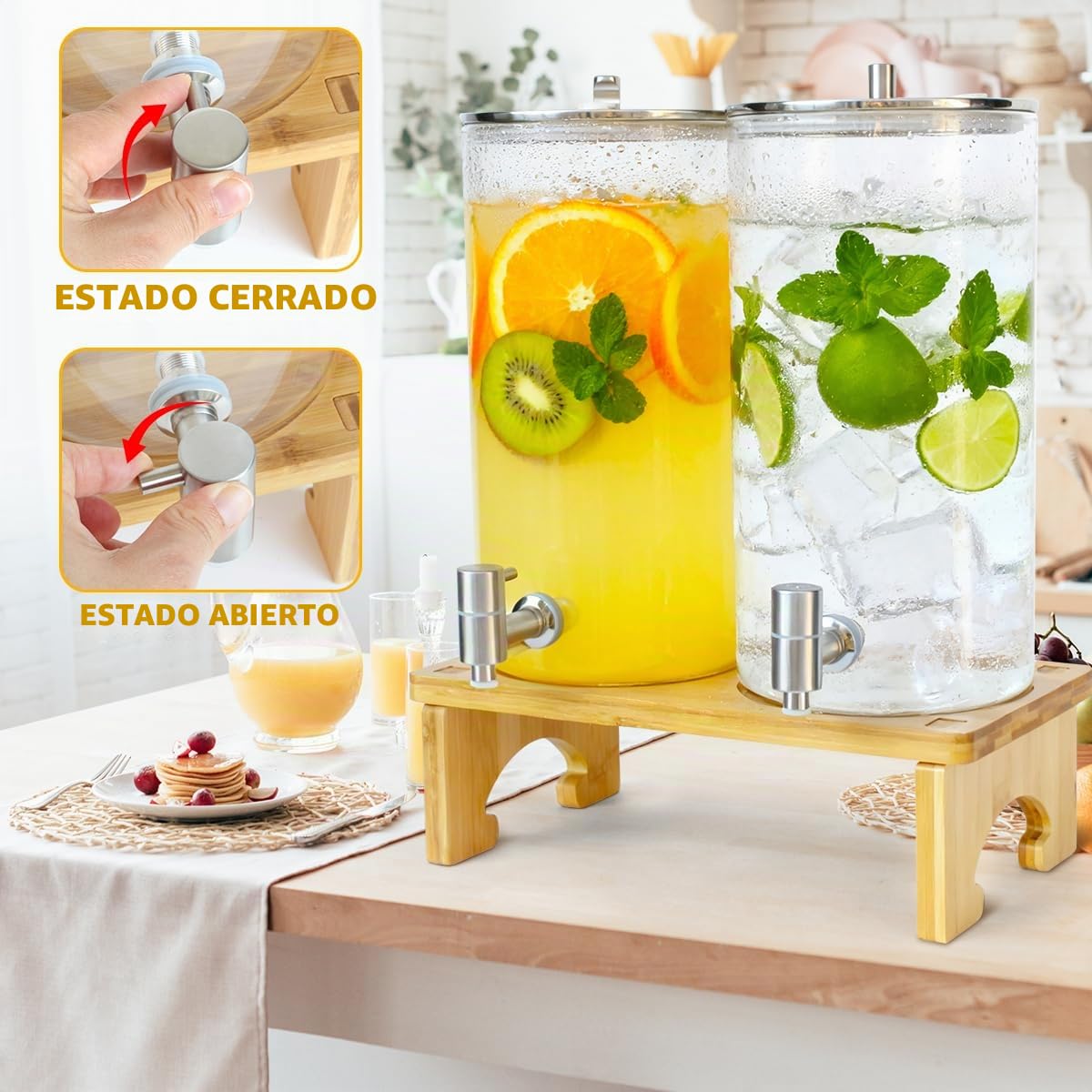 2 x dispensador de bebidas de 6L con soporte, dispensador de bebidas de cristal con grifo de acero inoxidable macizo para jugos helados, agua, bebidas caseras, fiestas, bodas