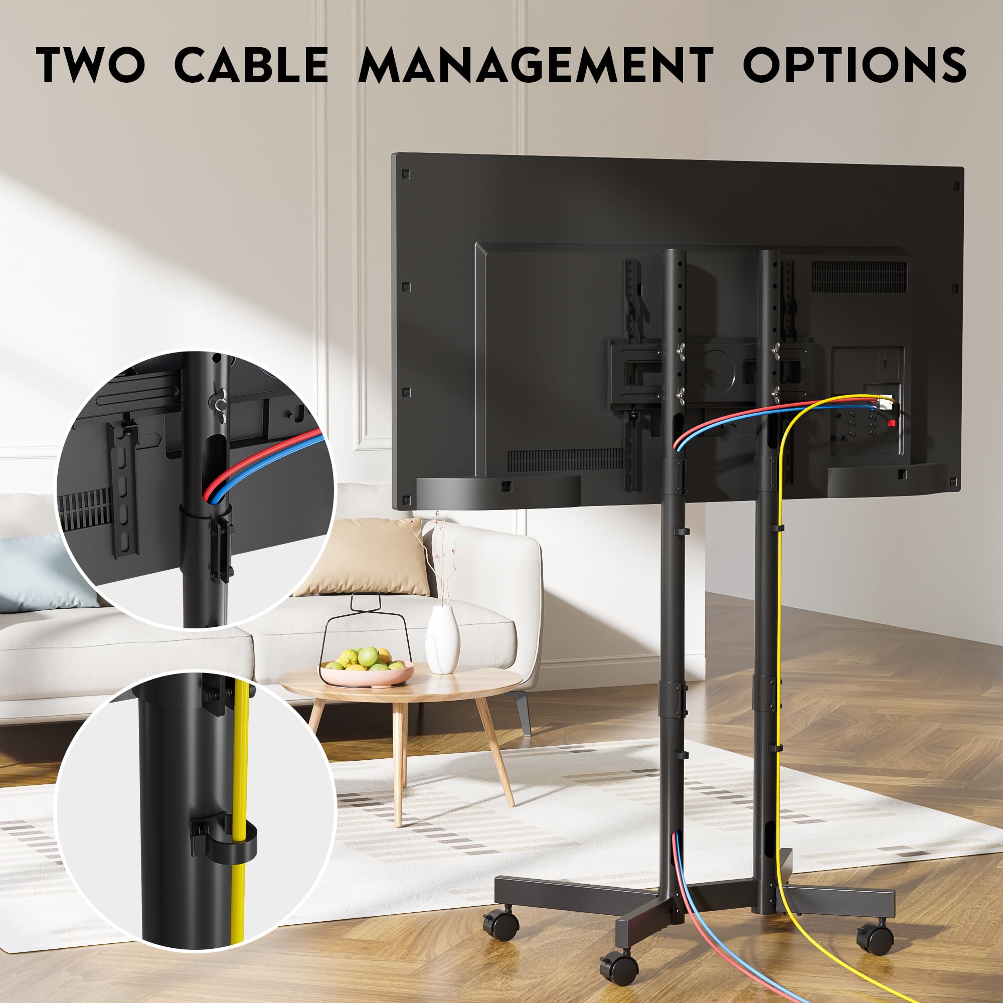 BONTEC Supporto TV da Pavimento 32-70 Pollici, Carrello Porta TV da Terra Mobile con Ruote Bloccabili 360°, Altezza Regolabile Doppia Colonna Robusta Fino a 50 kg, VESA 400x400 mm, Gestione Cavi, Nero