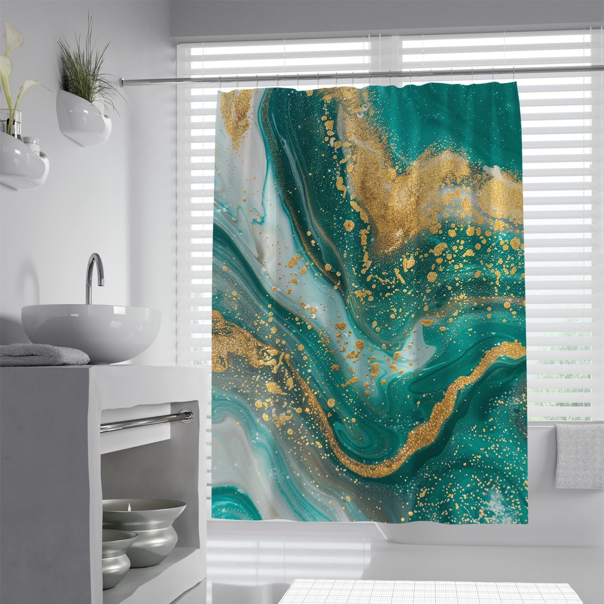 UIRINGART Creative Bathroom Curtains W150xL200cm Teal Green White Agate Marble Fluid Foil Pattern Mildew Mould Resistant Waterproof Polyester Fabric Wet Rooms