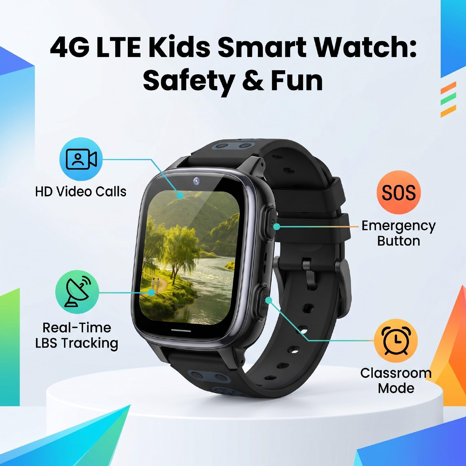 SENECESLI Smartwatch per Bambini 4G LTE con Videochiamata, Orologio Tracker per Bambini Touchscreen da 1,83 Pollici, Posizione LBS e Allarme SOS, modalità Aula per la Scuola, Resistente (BLACK)