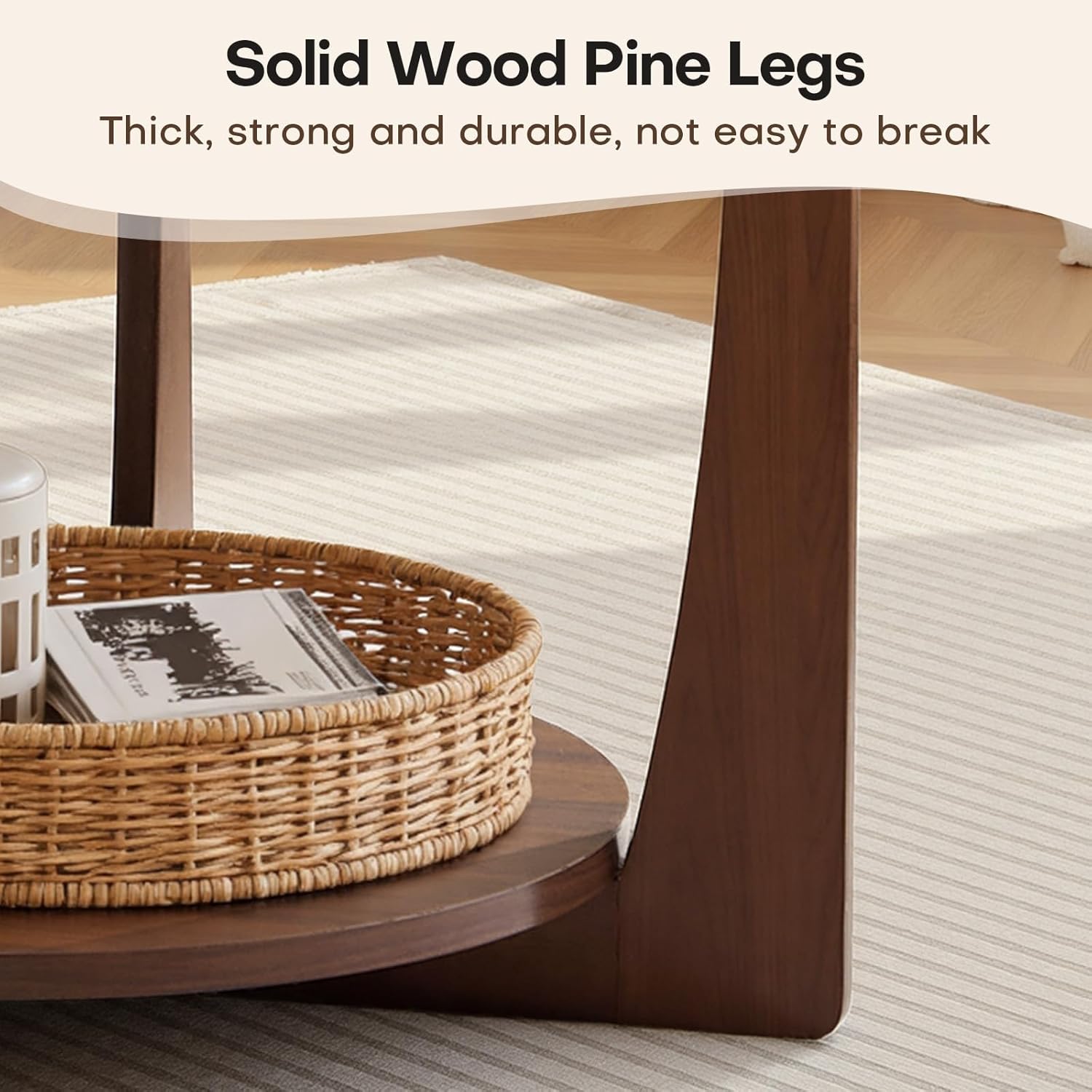 BECHAEO 31.5'' Round Coffee Table with Solid Wood Pine Legs, 2-Tier Retro Round Coffee Table with Storage Shelf, Small Modern Wood Circle Coffee Table Boho Round Center Table for Living Room