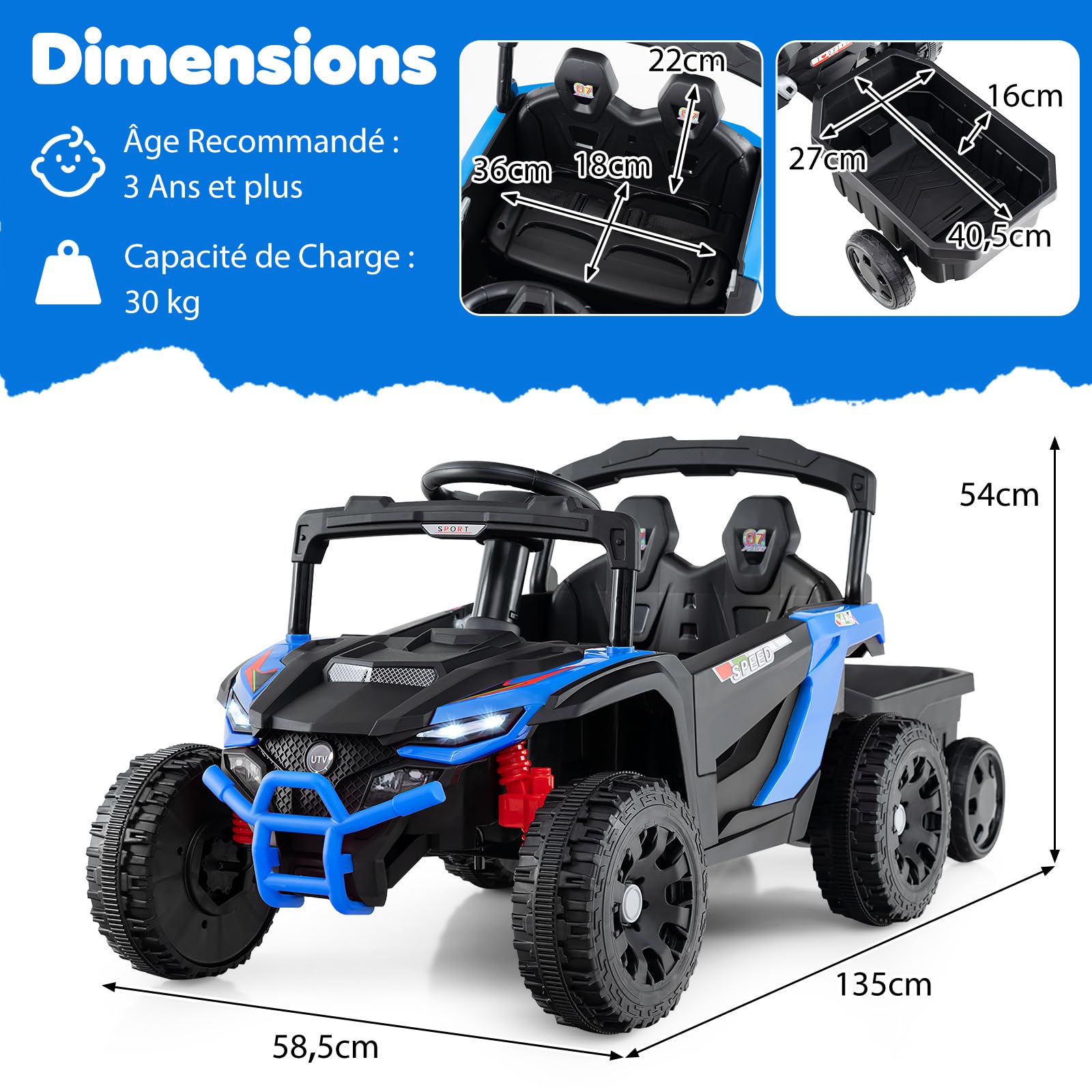 DREAMADE Tracteur Électrique Enfant 12V avec Remorque Détachable, Télécommande Parentale 3 Vitesses, Suspensions, Lumières LED & Musique, Voiture à Batterie pour Enfants 3+ Ans (Bleu)