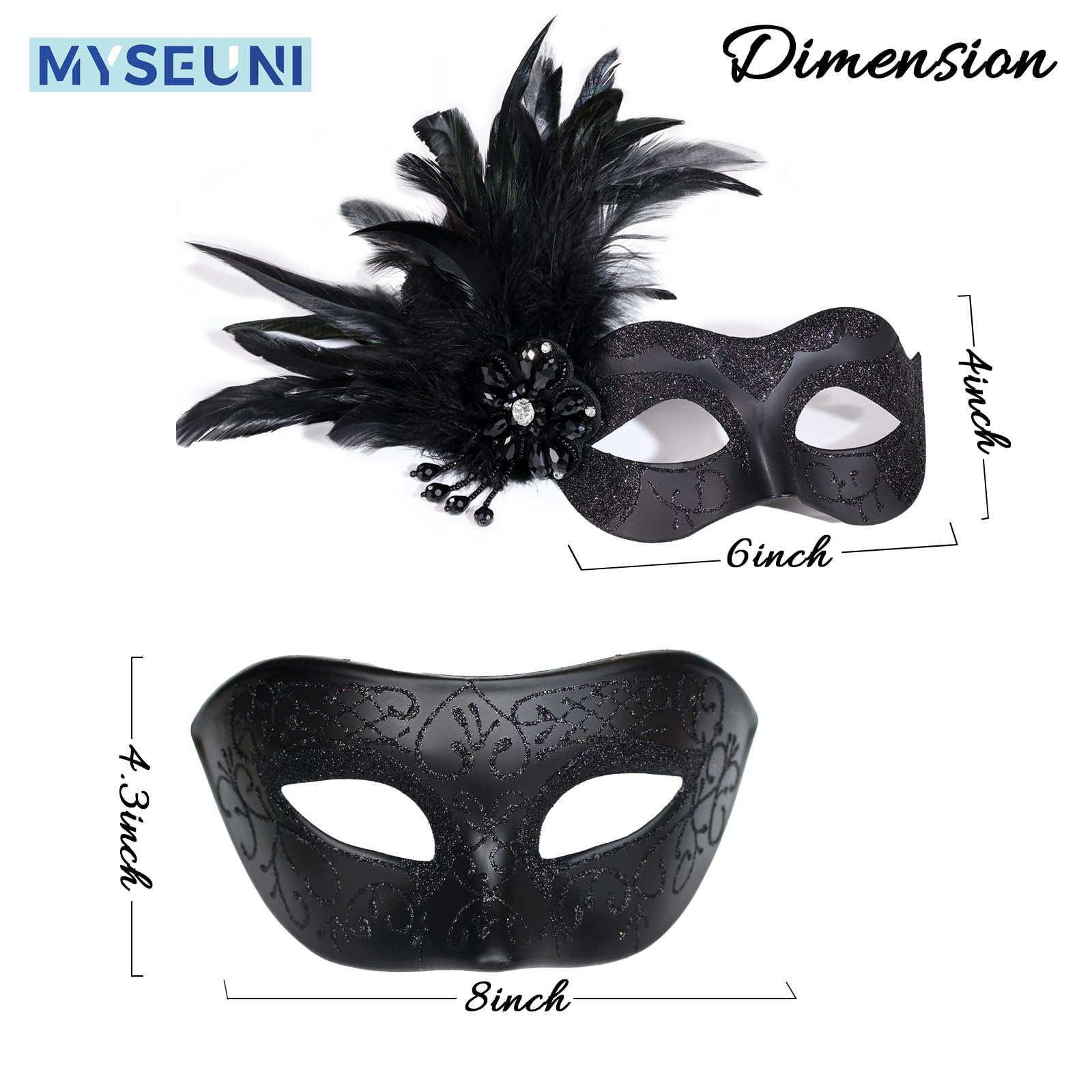 MYSEUNI Black Couples Masquerade Mask Set - Venetian Mask Men & Women for Masquerade Party Mardi Gras, Halloween, Christmas - Image 2