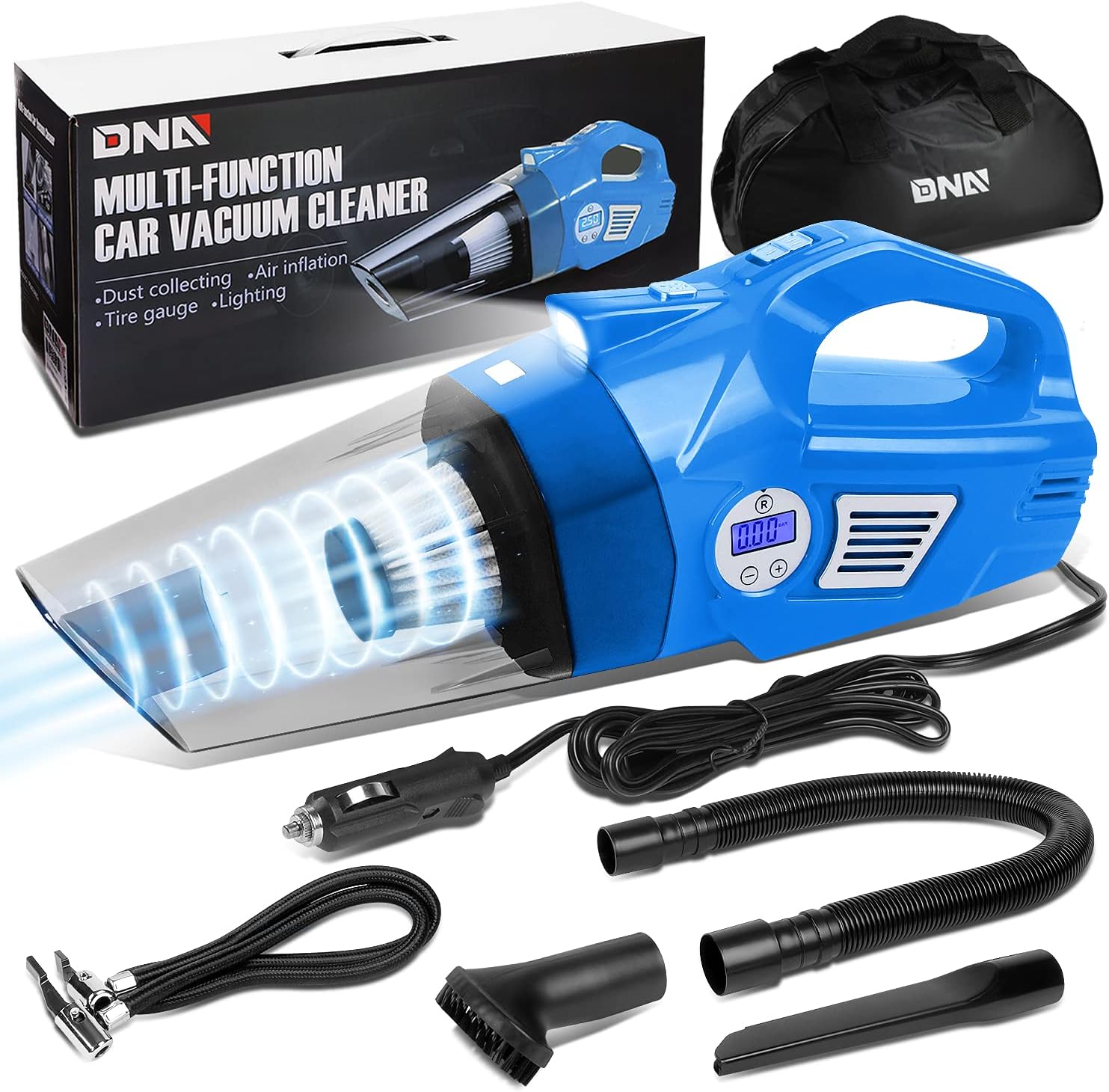 DNA MOTORING TOOLS-00183 Portable Handheld High Power Mini Corded 2 in 1 Vacuum Cleaner, Air Compressor w/Digital Tire Pressure Gauge & LED Light, Car Cleaning Kit,Blue : Everything Else