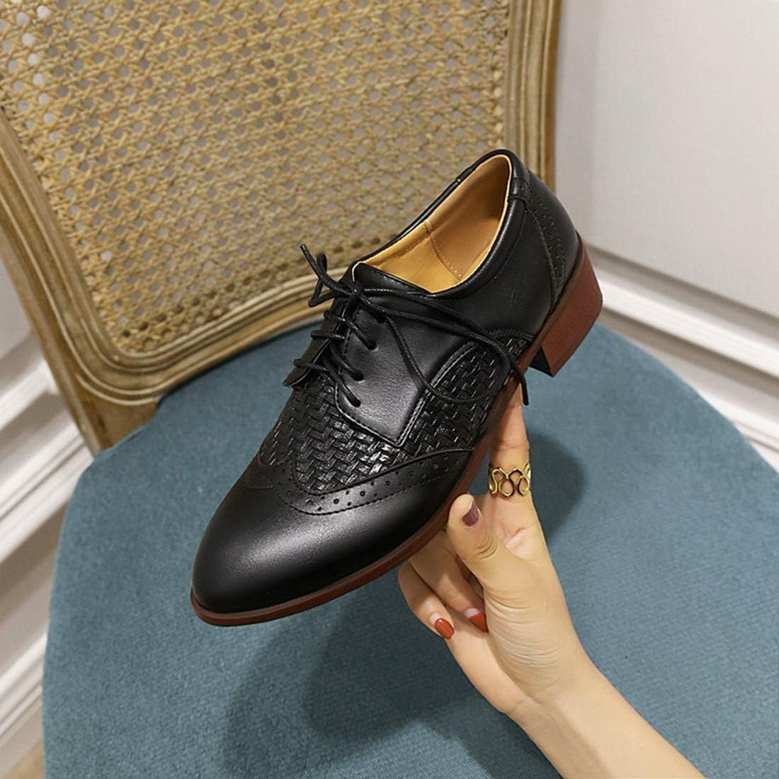 VOKLIN Women's Classic Flat Saddle Oxford Shoes Wingtip Lace Up Perforated Low Heel Vintage Oxfords Brogues