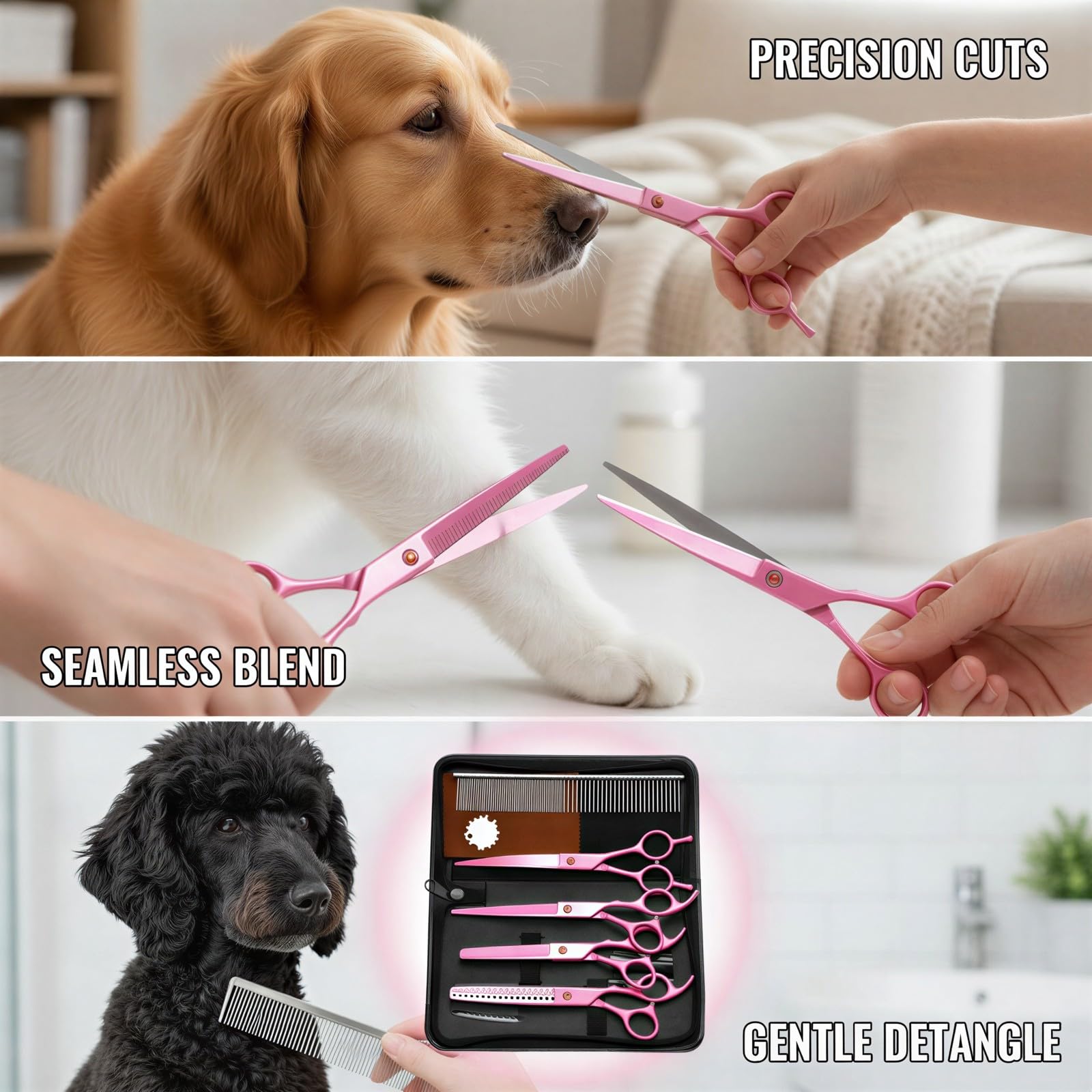 8 TLG. Tierpflege Scheren Set, rosa, 17,8 cm Edelstahl gerade Schere, Effilierschere und Gebogene Schere mit Hundekamm, ergonomische Fellschere für Katzen und Hunde, für präzises Trimmen